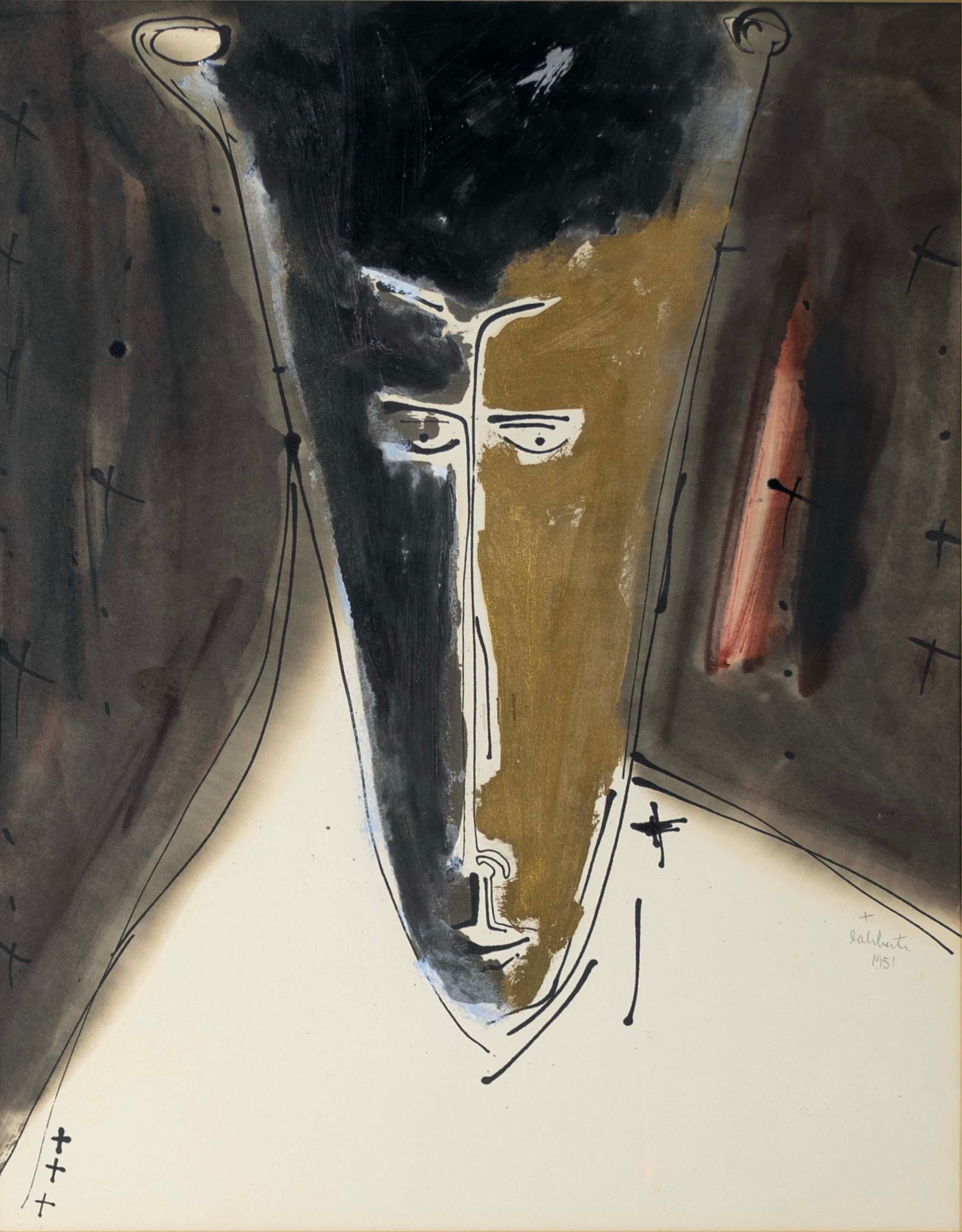 Norman Laliberte Modernistische Maske, signiertes Gemälde in Mischtechnik auf Papier, gerahmt 1951 im Zustand „Gut“ im Angebot in Keego Harbor, MI