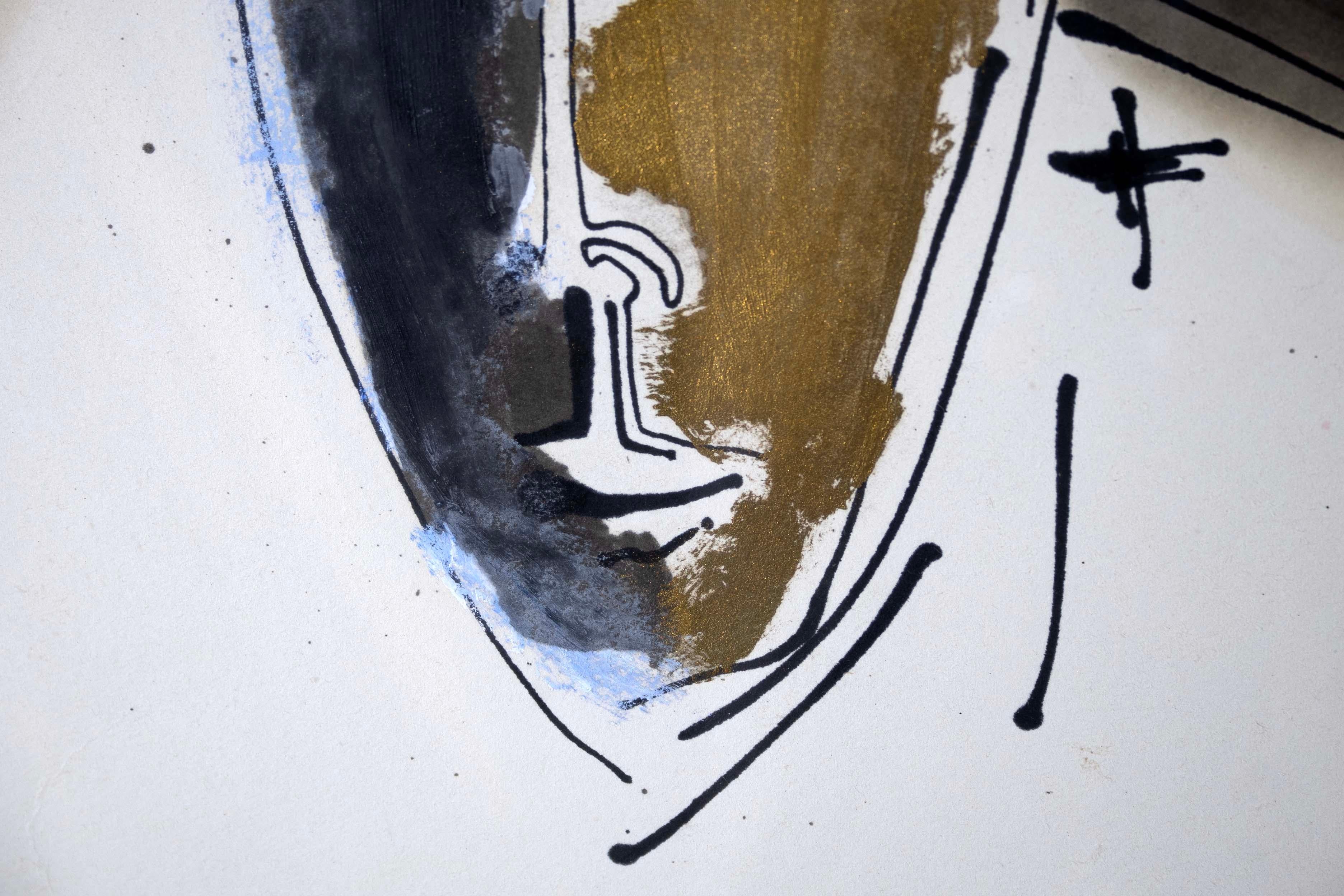 Norman Laliberte Modernistische Maske, signiertes Gemälde in Mischtechnik auf Papier, gerahmt 1951 (Mitte des 20. Jahrhunderts) im Angebot