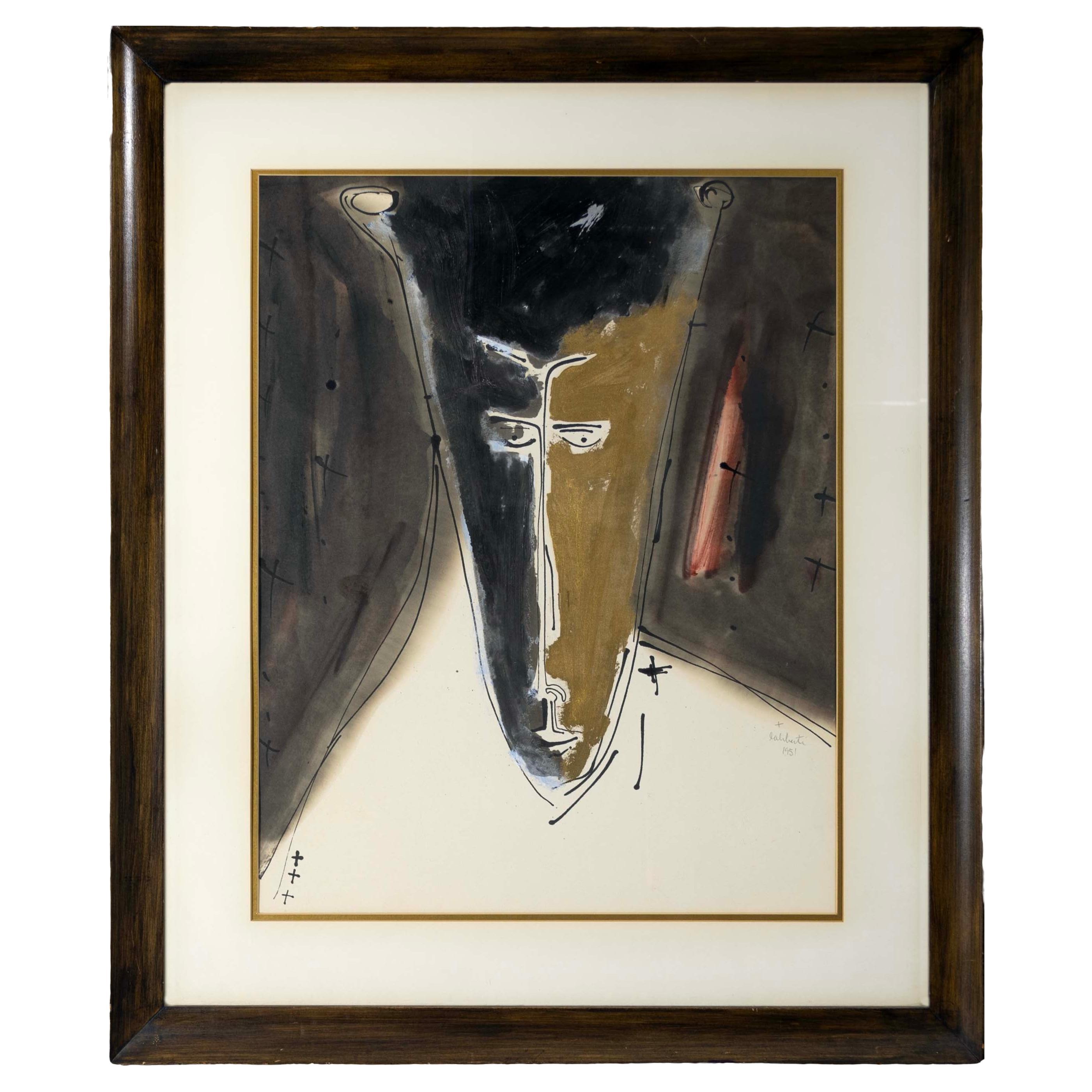 Norman Laliberte Modernistische Maske, signiertes Gemälde in Mischtechnik auf Papier, gerahmt 1951