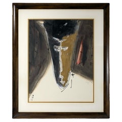 Norman Laliberte Modernist Mask Signed Mixed-Media Painting on Paper Framed 1951