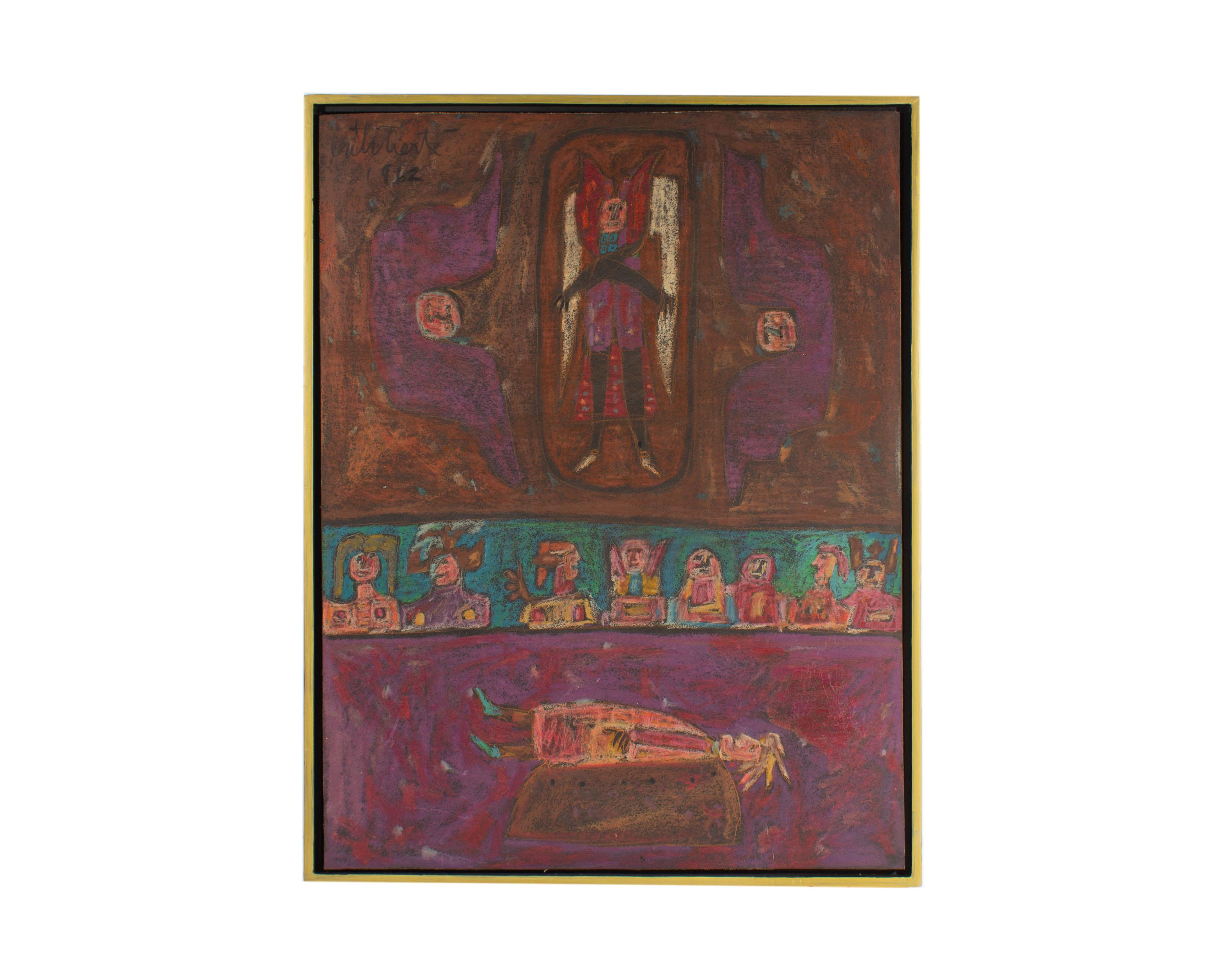 Dessin de 1962 sur carton, en technique mixte, intitulé Isaac, de l'artiste canado-américain Norman Laliberté (1925-2021). Présenté dans un cadre en bois noir et doré, l'histoire biblique d'Isaac est représentée dans ce dessin abstrait à