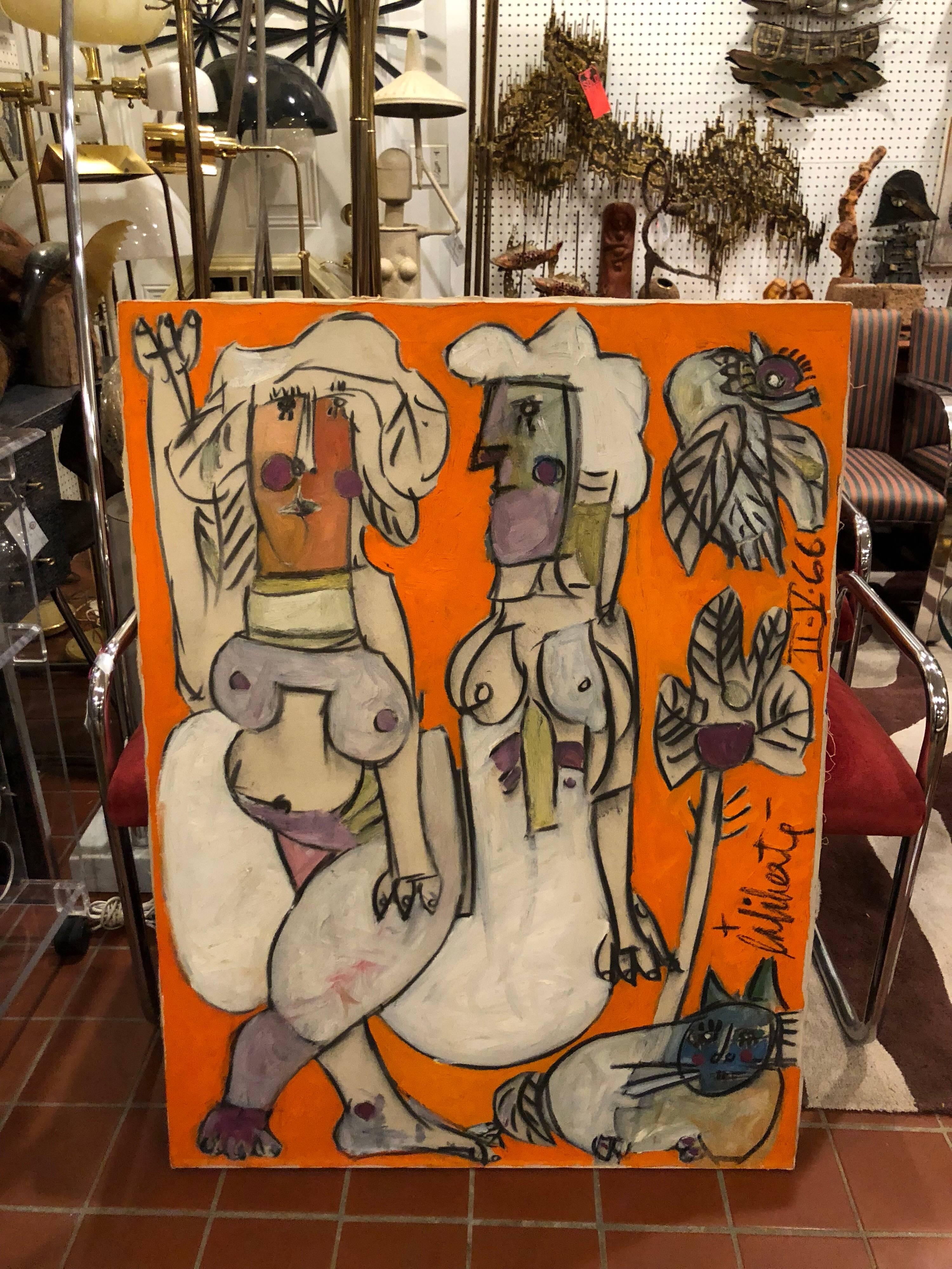 Norman LaLiberte's “Hommage to Picasso” original signed oil on canvas painting. His cubist style in this piece is a bow to world renown Pablo Picasso. A whimsical and colorful depiction of two women, a cat , bird and a plant.
Norman Laliberté (born