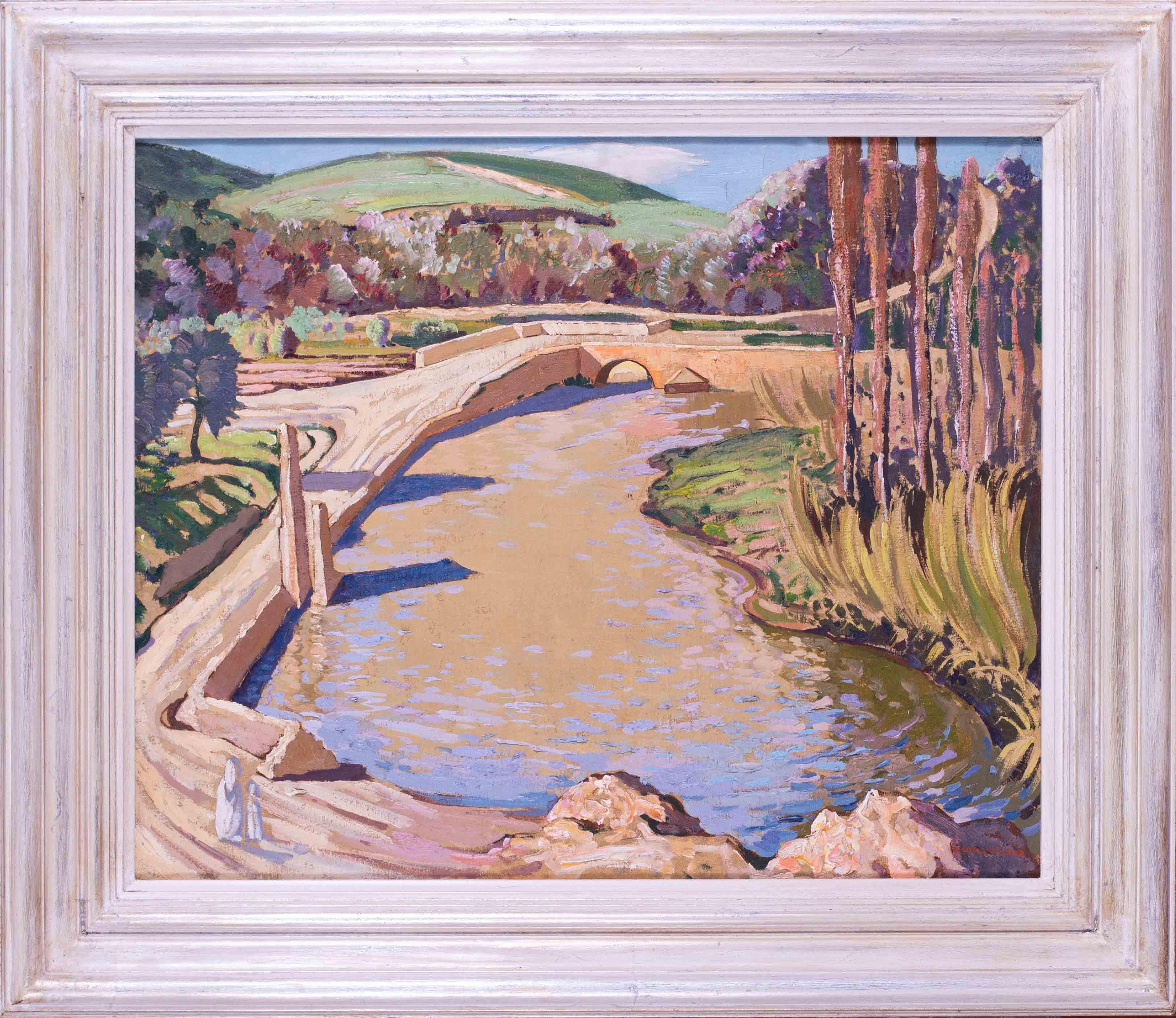 Quadro ad olio australiano del XX secolo raffigurante figure su un sentiero lungo il fiume, Norman Lloyd