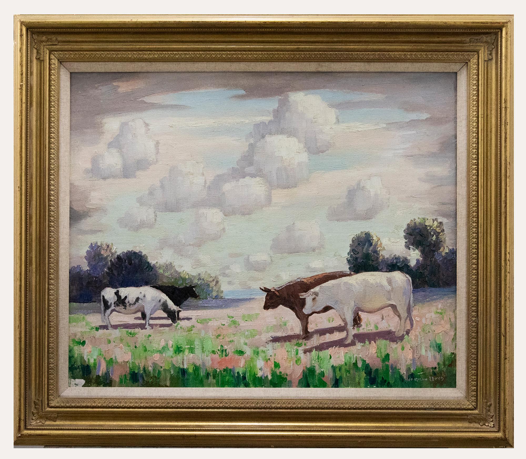 A wonderful impressionistic scene by Norman Lloyd (1894-1983), depicting four cattle grazing in a pasture with a subtle glimpse of the sea. Well-presented in an large contemporary frame with a soft linen slip. Signed to the lower left. On canvas on