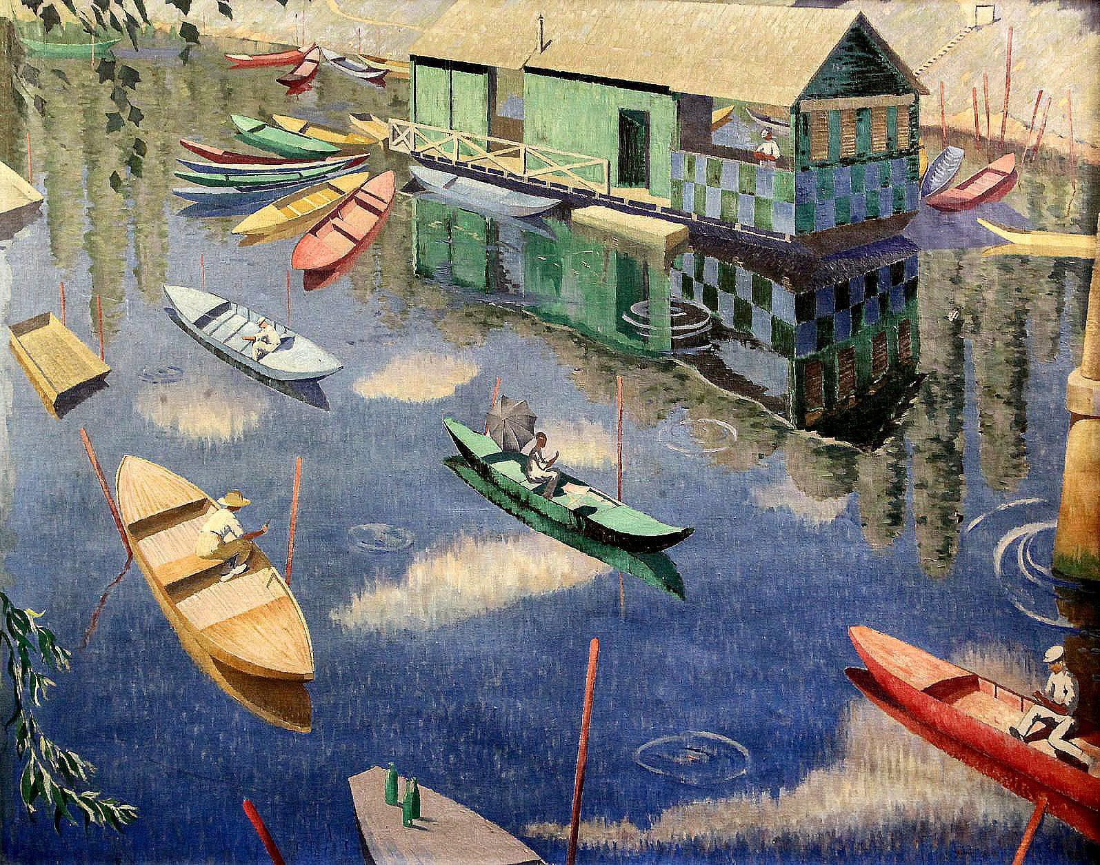 Landscape Painting di Norman Lloyd - Estate sulla Senna, olio Art Deco della metà del XX secolo