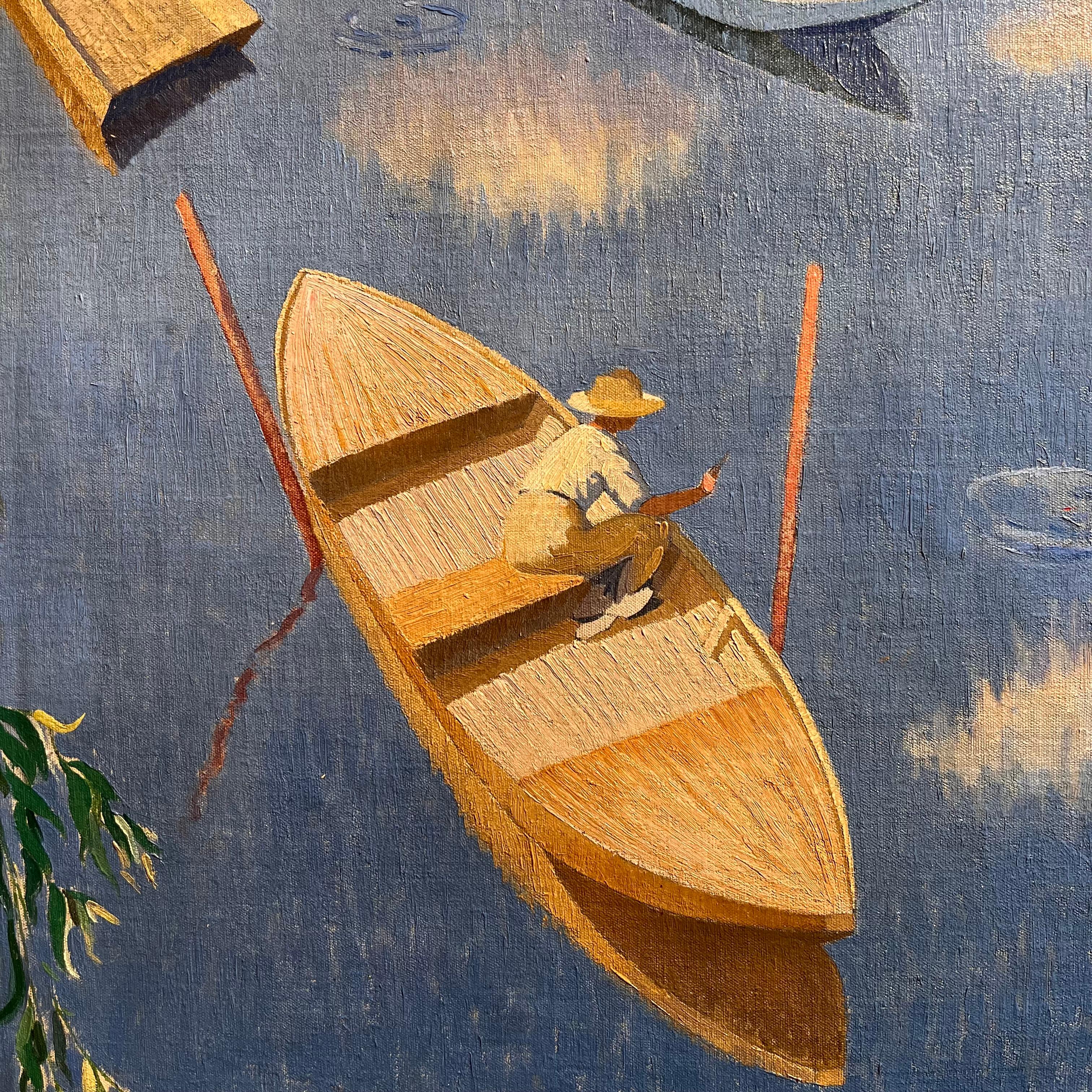 Sommer auf der Seine, Art déco-Ölgemälde, Mitte des 20. Jahrhunderts im Angebot 1