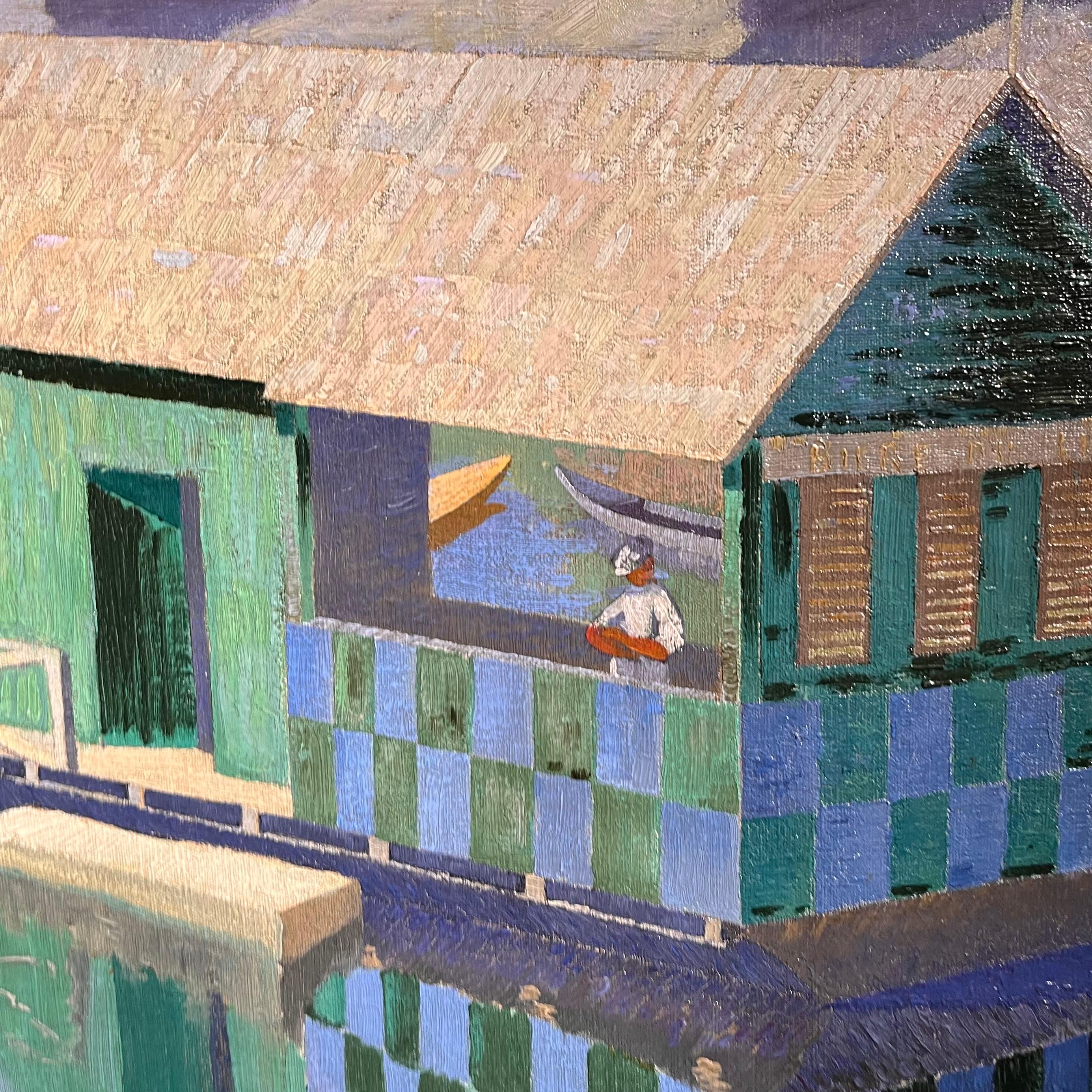 Sommer auf der Seine, Art déco-Ölgemälde, Mitte des 20. Jahrhunderts im Angebot 2