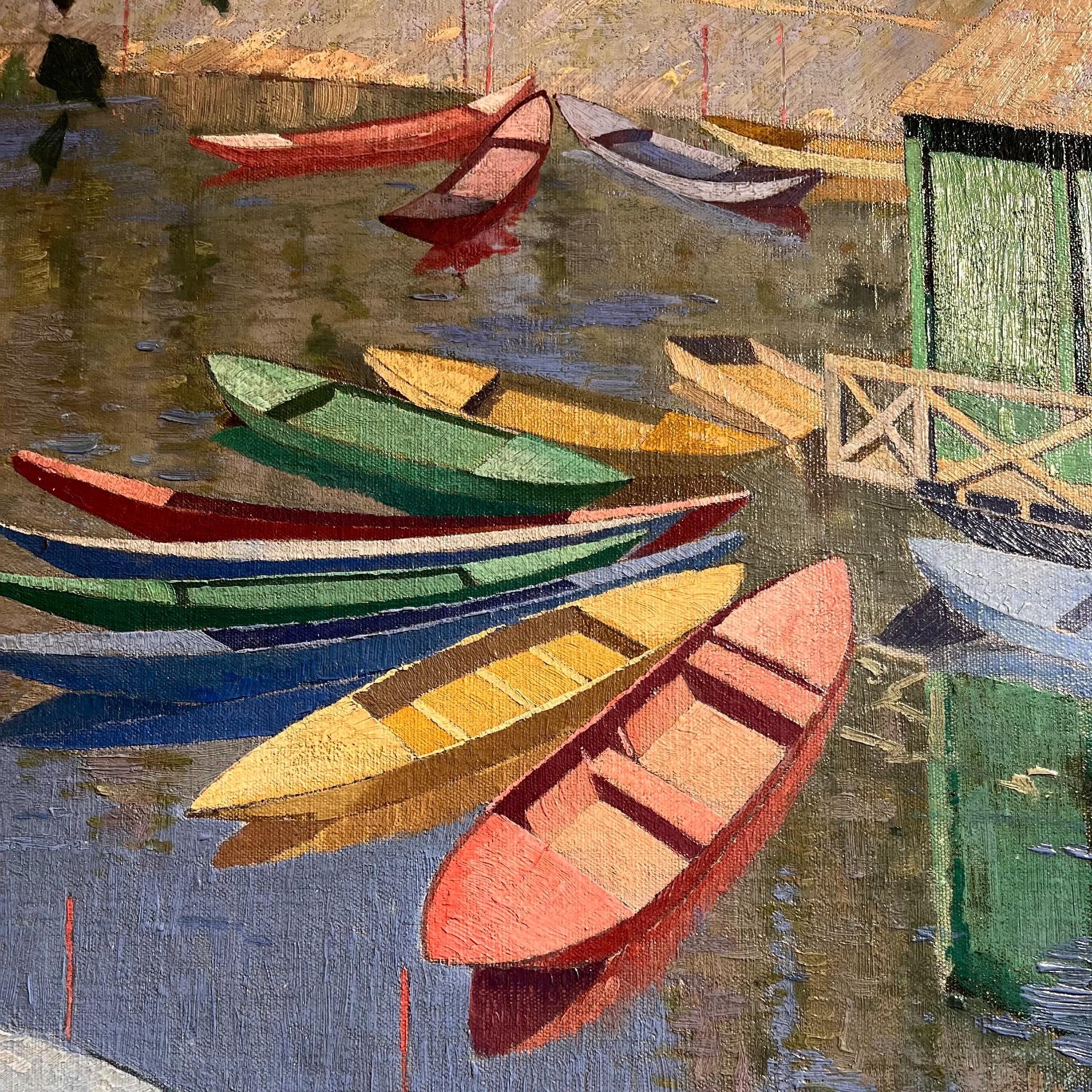 Sommer auf der Seine, Art déco-Ölgemälde, Mitte des 20. Jahrhunderts im Angebot 3