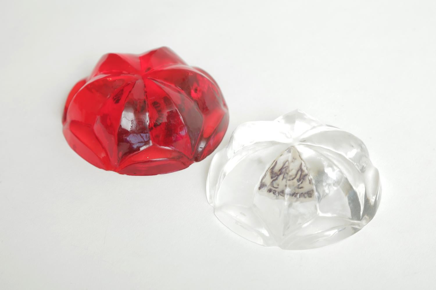 Modern Pair of Norman Mercer Red and Clear Lucite Flower Paperweights Desk Accessory For Sale