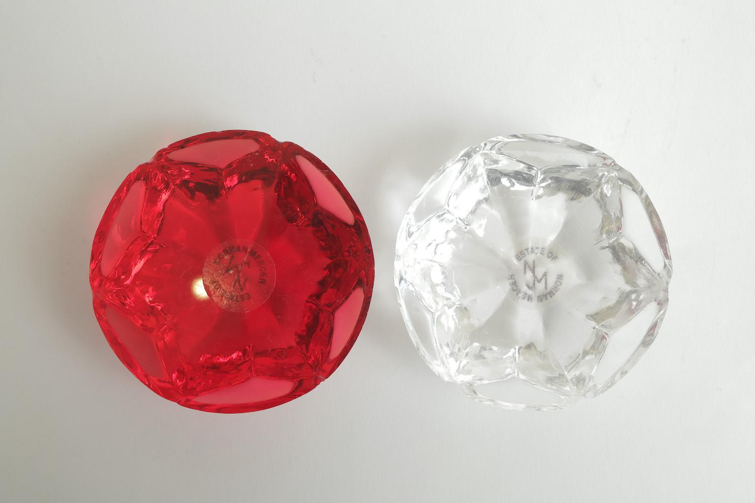 Pair of Norman Mercer Red and Clear Lucite Flower Paperweights Desk Accessory For Sale 3