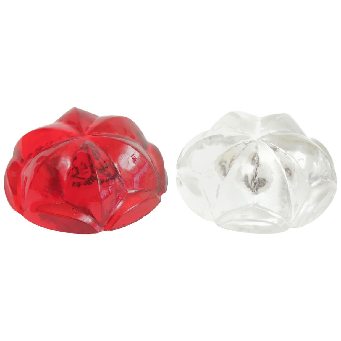 Pair of Norman Mercer Red and Clear Lucite Flower Paperweights Desk Accessory For Sale