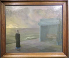 Large English Expressionist 20th Century Oil Painting Figure Looking Out To Sea