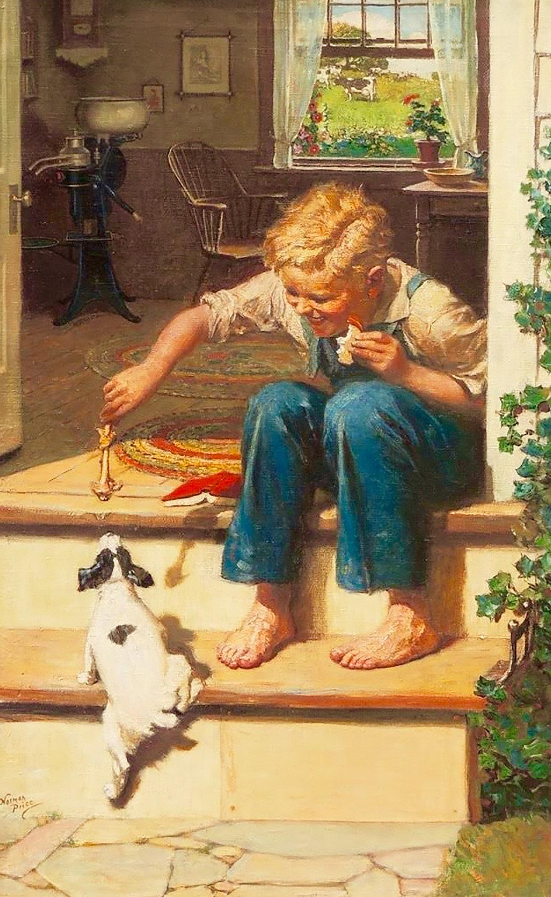 Figurative Painting Norman Price - Un garçon donne un os à un chien