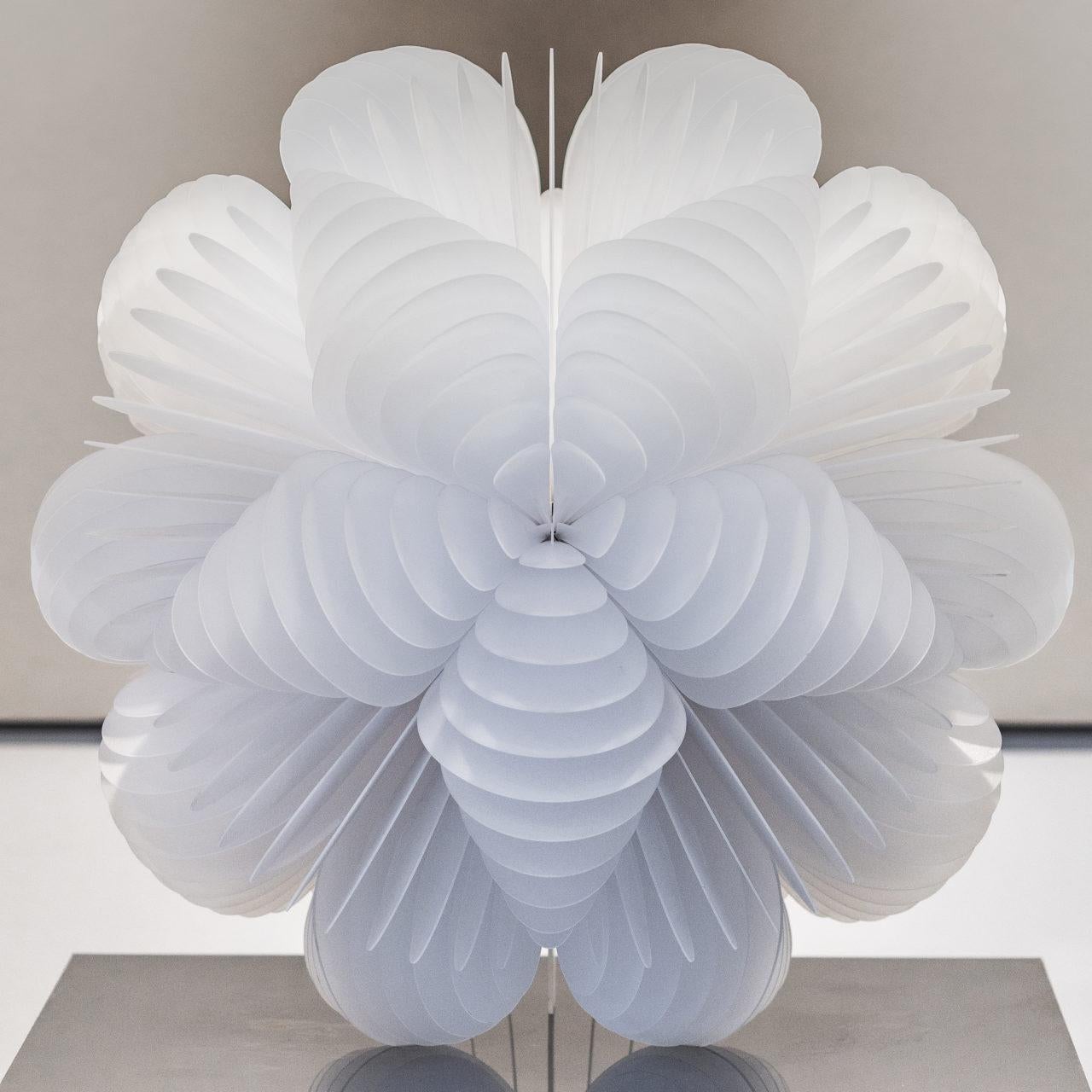 Bloom No. 2 from the Bloom Series by Norman Mooney
White frosted acrylic, mirror-polished stainless steel, birch plywood base
Edition of 3

Inspired by the work of the 19th century biologist Ernst Haeckel and his study of microbes, the Bloom series