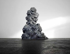 "Cumulus Stone No. 3" Large Abstract Carved Marble Sculpture, Mirror Base