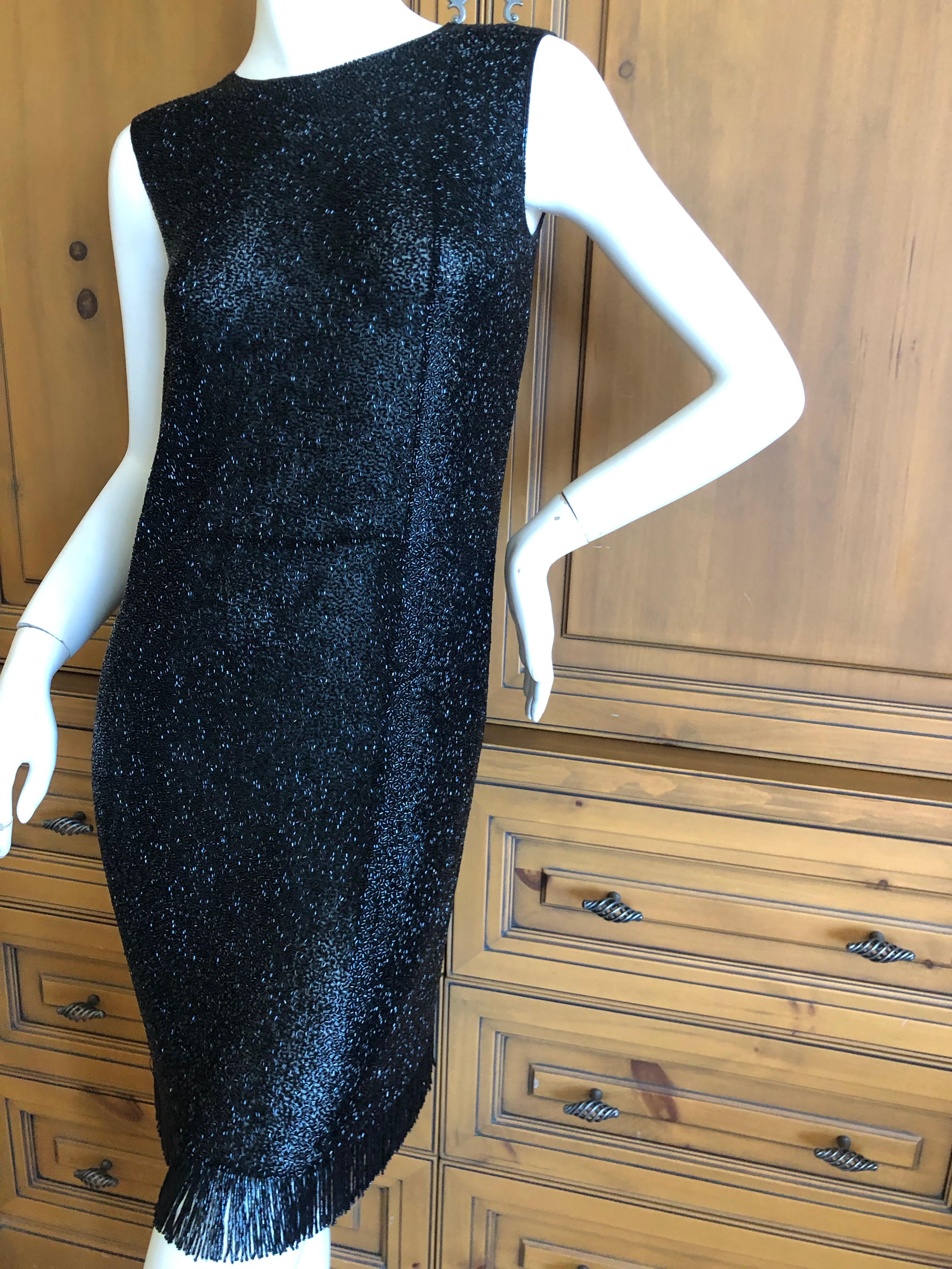 Norman Norell 1960's Black Dress Completely Embellished w Glass Beads & Fringe In Excellent Condition For Sale In Cloverdale, CA
