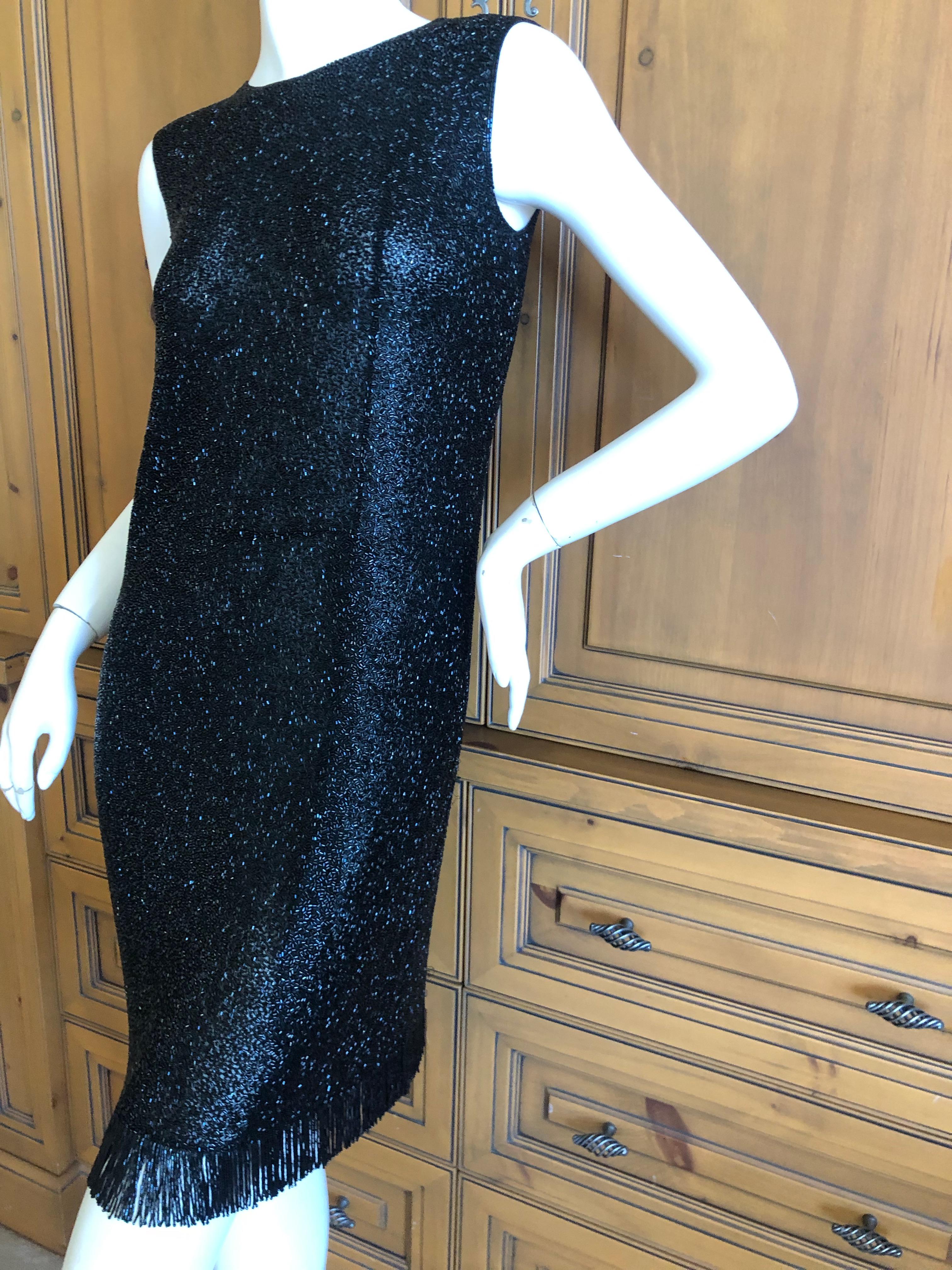 Norman Norell 1960's Black Dress Completely Embellished w Glass Beads & Fringe For Sale 1