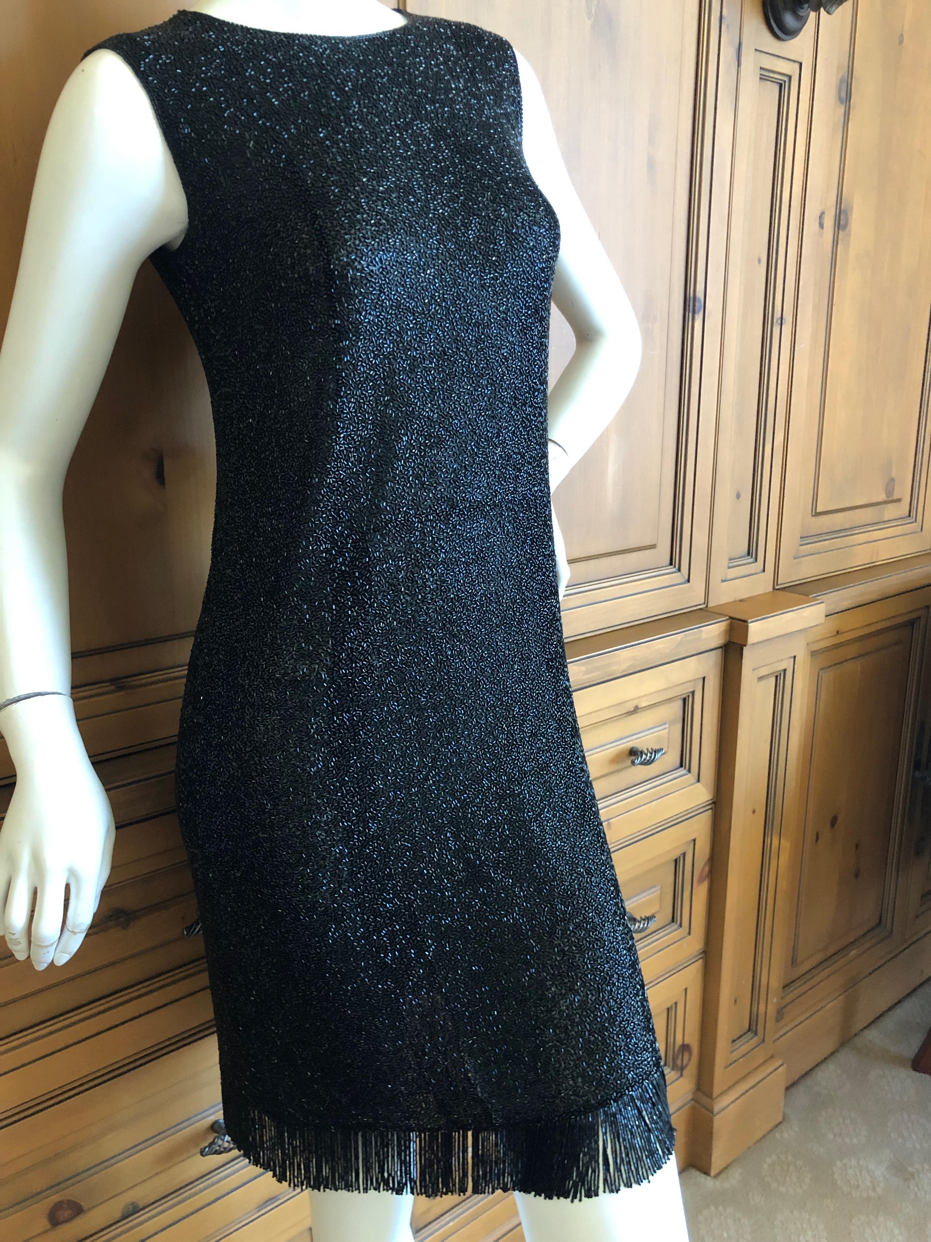 Norman Norell 1960's Black Dress Completely Embellished w Glass Beads & Fringe For Sale 3
