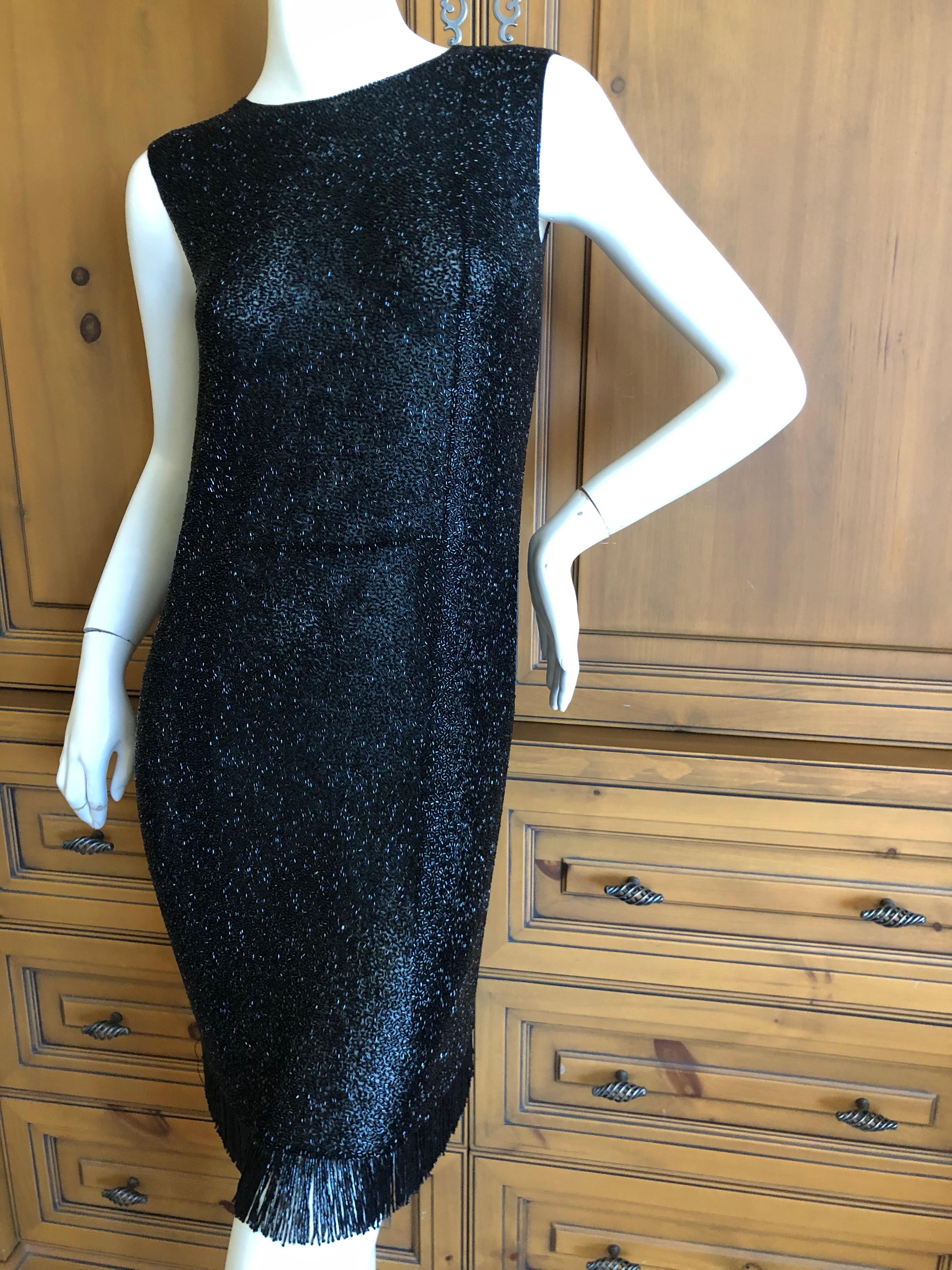 Norman Norell 1960's Black Dress Completely Embellished w Glass Beads & Fringe For Sale 5