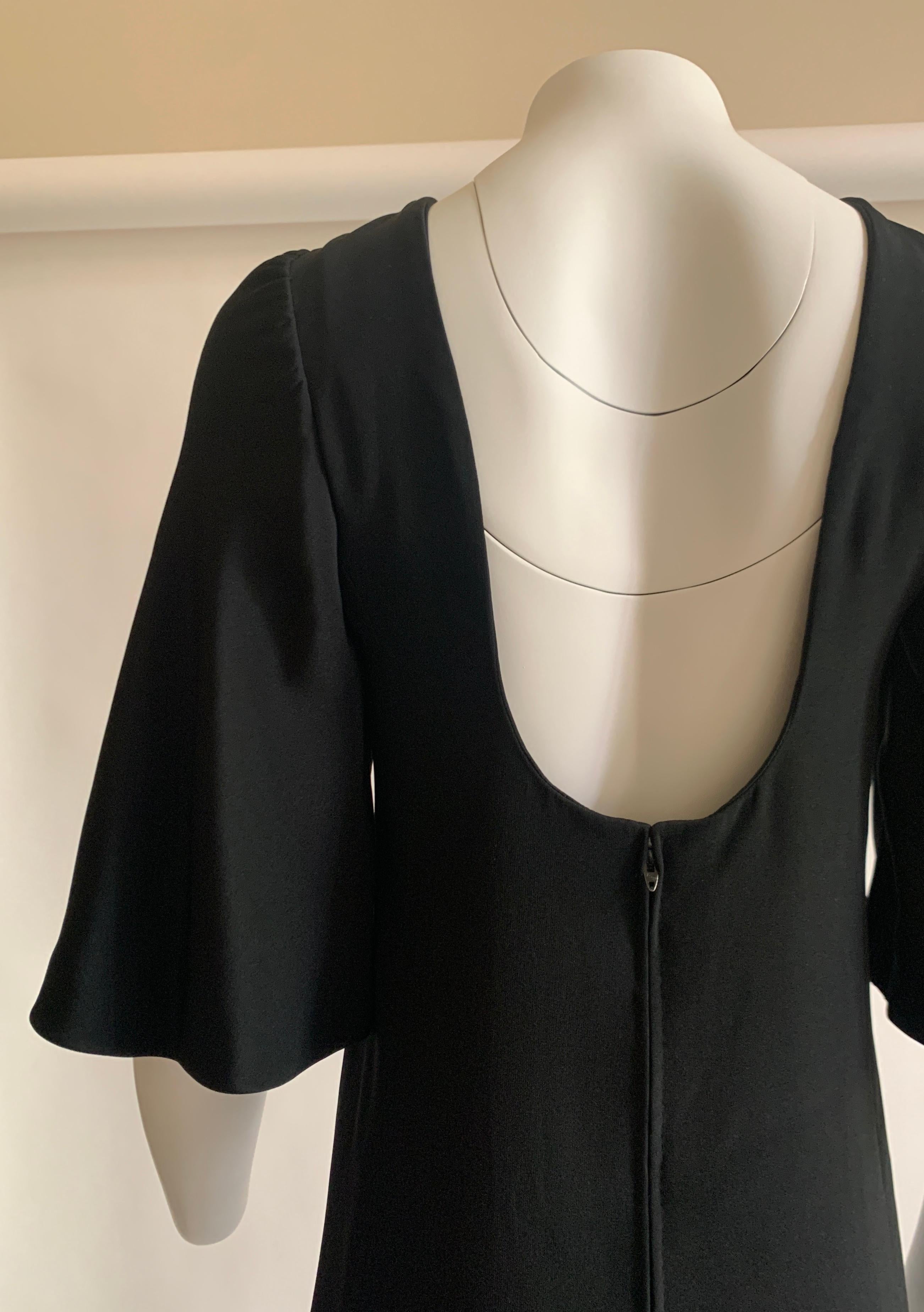 Women's Norman Norell 1960s Black Silk Maxi Dress Gown with Flared Sleeve and Scoop Back