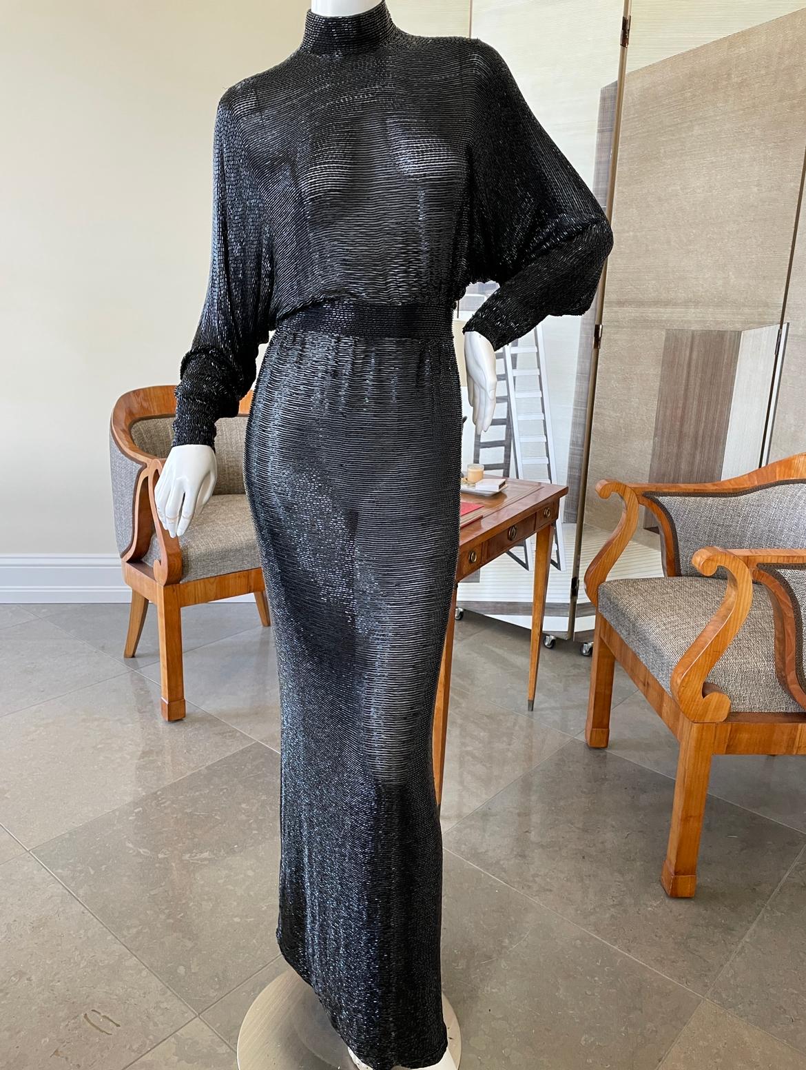 Norman Norell 1970 Sheer Black Batwing Bugle Bead Mermaid Gown with Keyhole Back In Excellent Condition For Sale In Cloverdale, CA