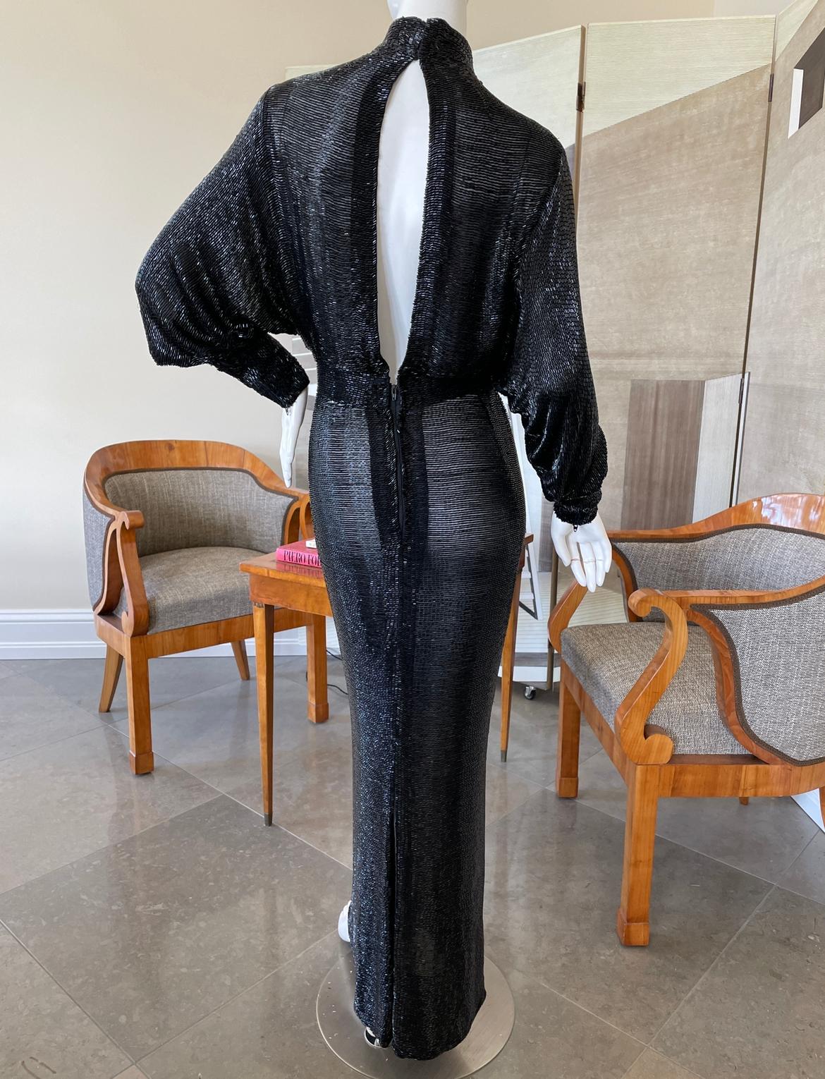 Women's Norman Norell 1970 Sheer Black Batwing Bugle Bead Mermaid Gown with Keyhole Back For Sale