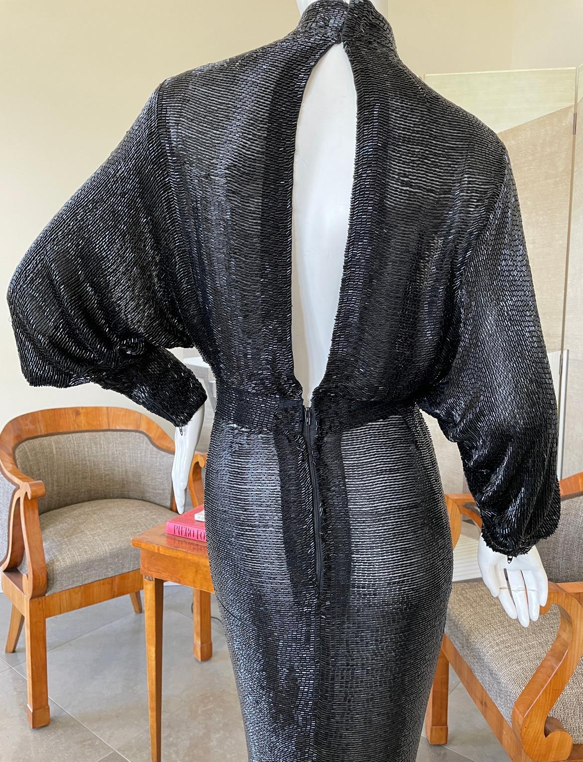 Norman Norell 1970 Sheer Black Batwing Bugle Bead Mermaid Gown with Keyhole Back For Sale 1
