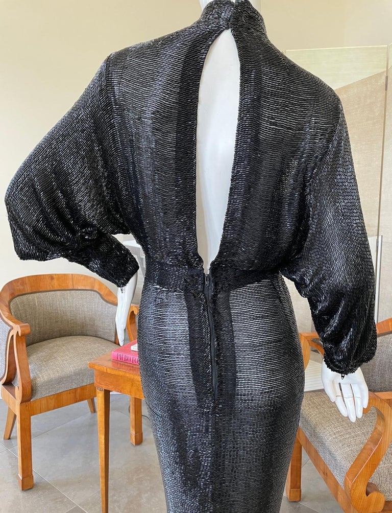 Norman Norell 1970 Sheer Black Batwing Bugle Bead Mermaid Gown with Keyhole Back 4