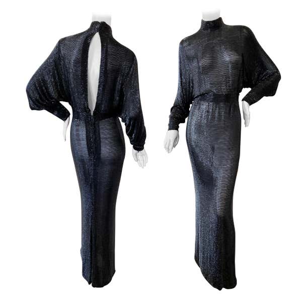 Norman Norell 1970 Sheer Black Batwing Bugle Bead Mermaid Gown with ...