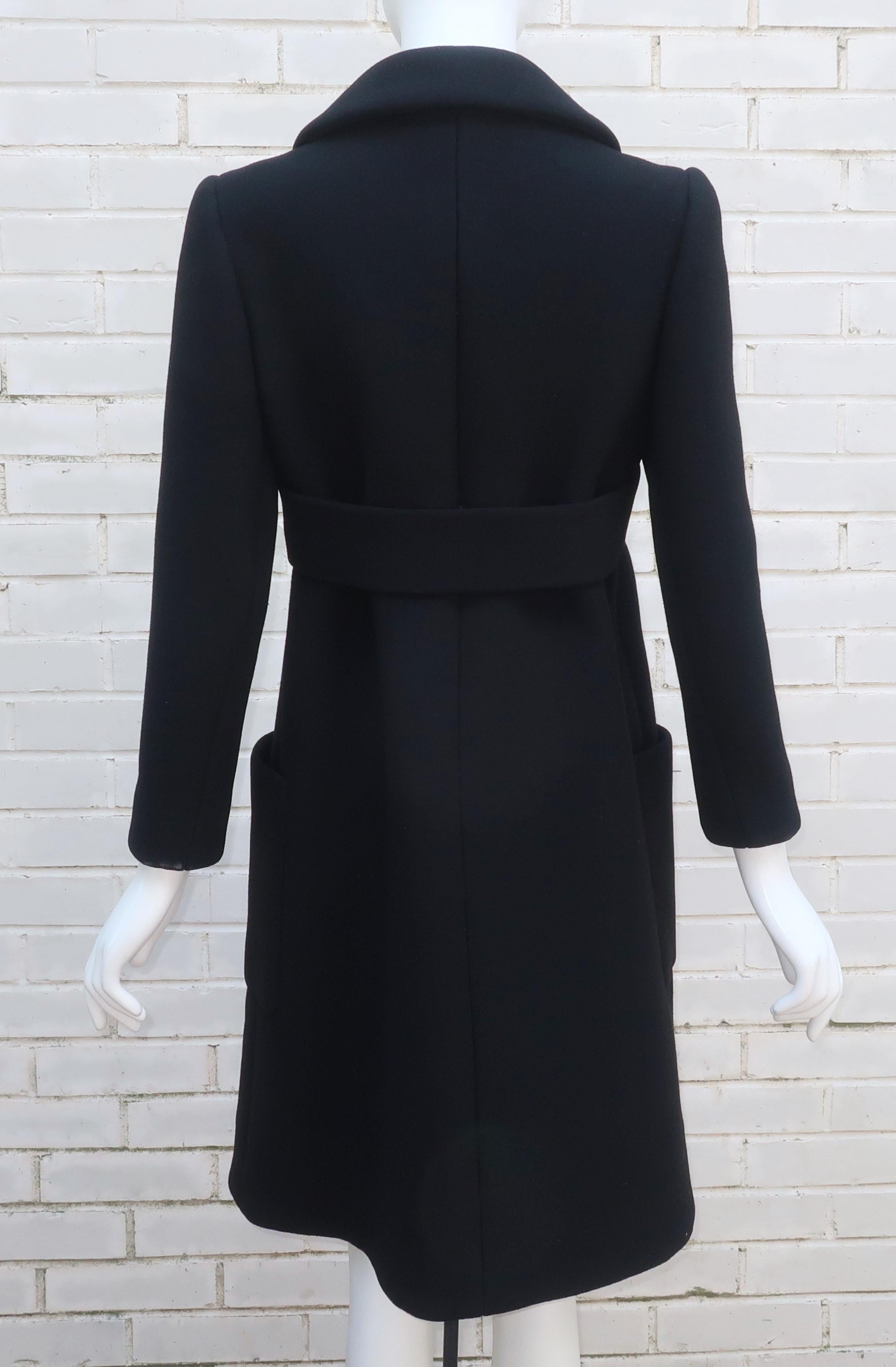 NORMAN NORELL Black Wool Double Breasted Coat With Waist Detail, Late 1960's For Sale 6