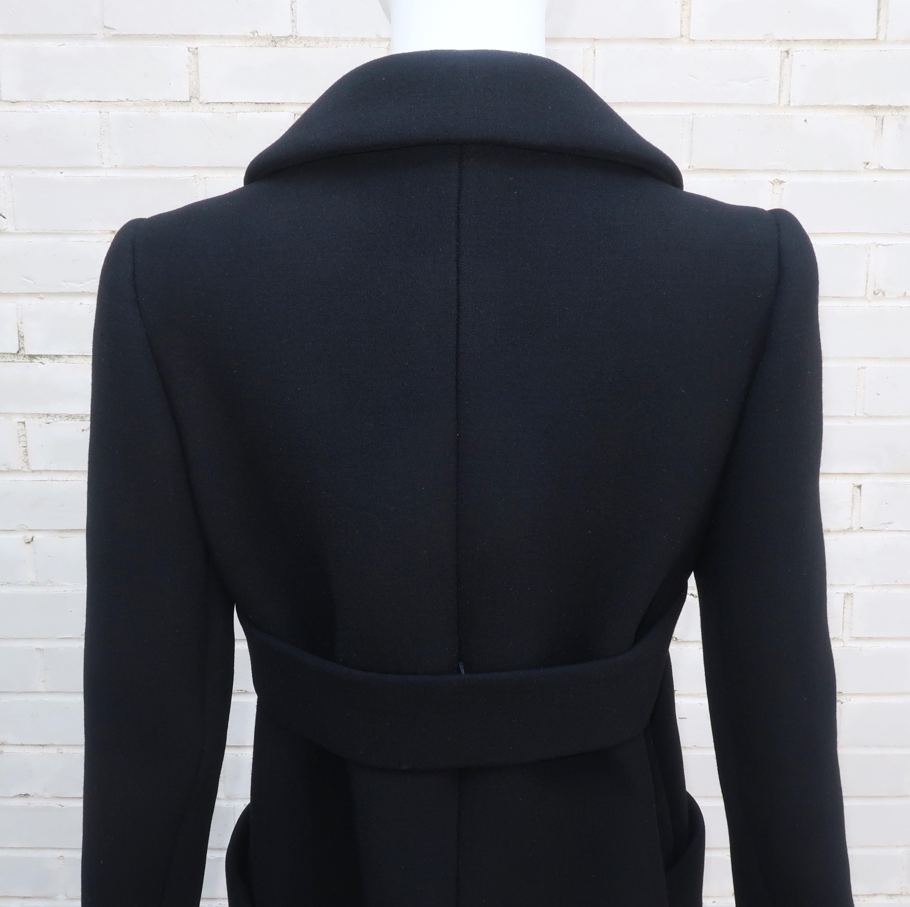 NORMAN NORELL Black Wool Double Breasted Coat With Waist Detail, Late 1960's For Sale 7