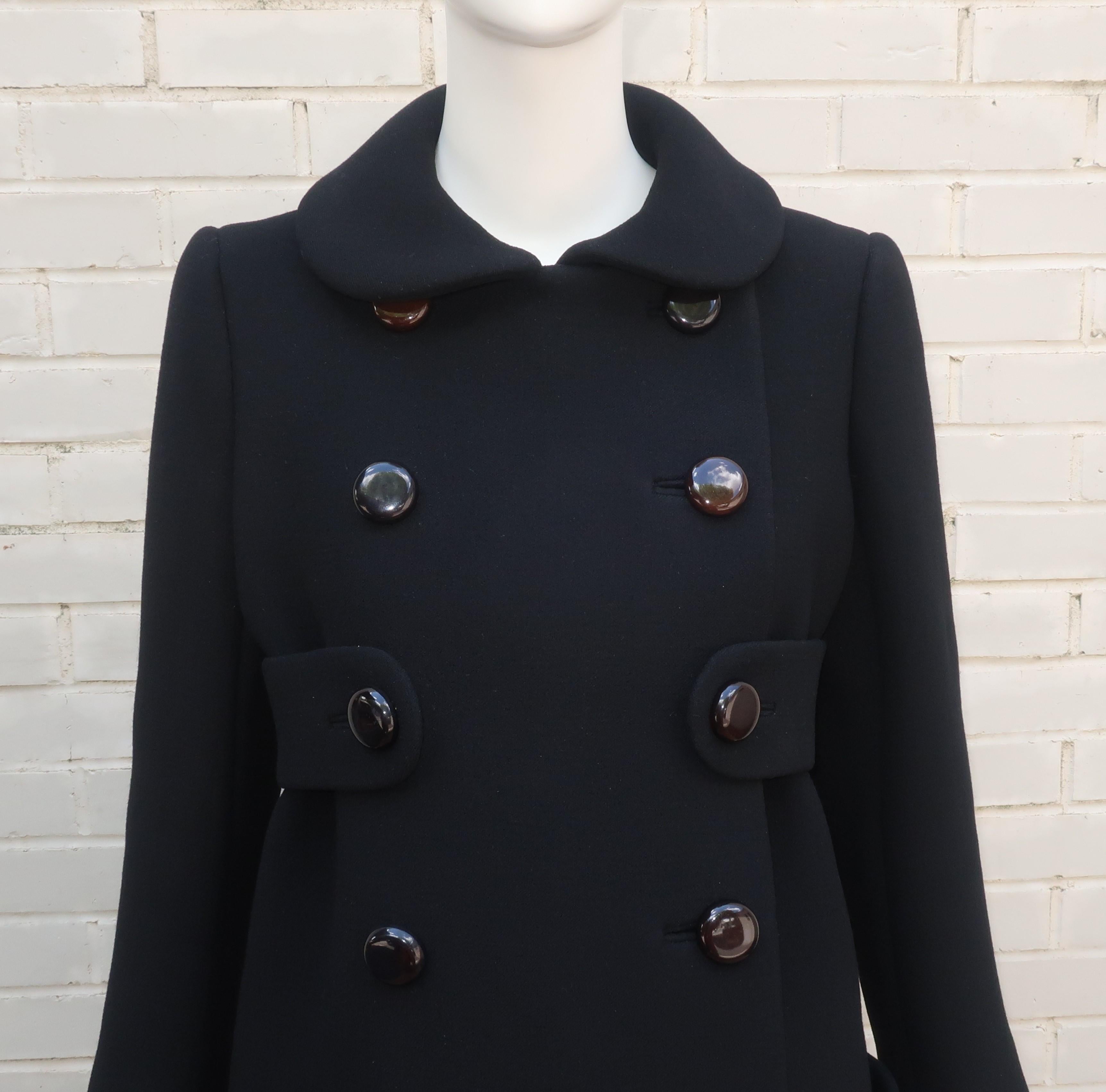 NORMAN NORELL Black Wool Double Breasted Coat With Waist Detail, Late 1960's In Good Condition For Sale In Atlanta, GA
