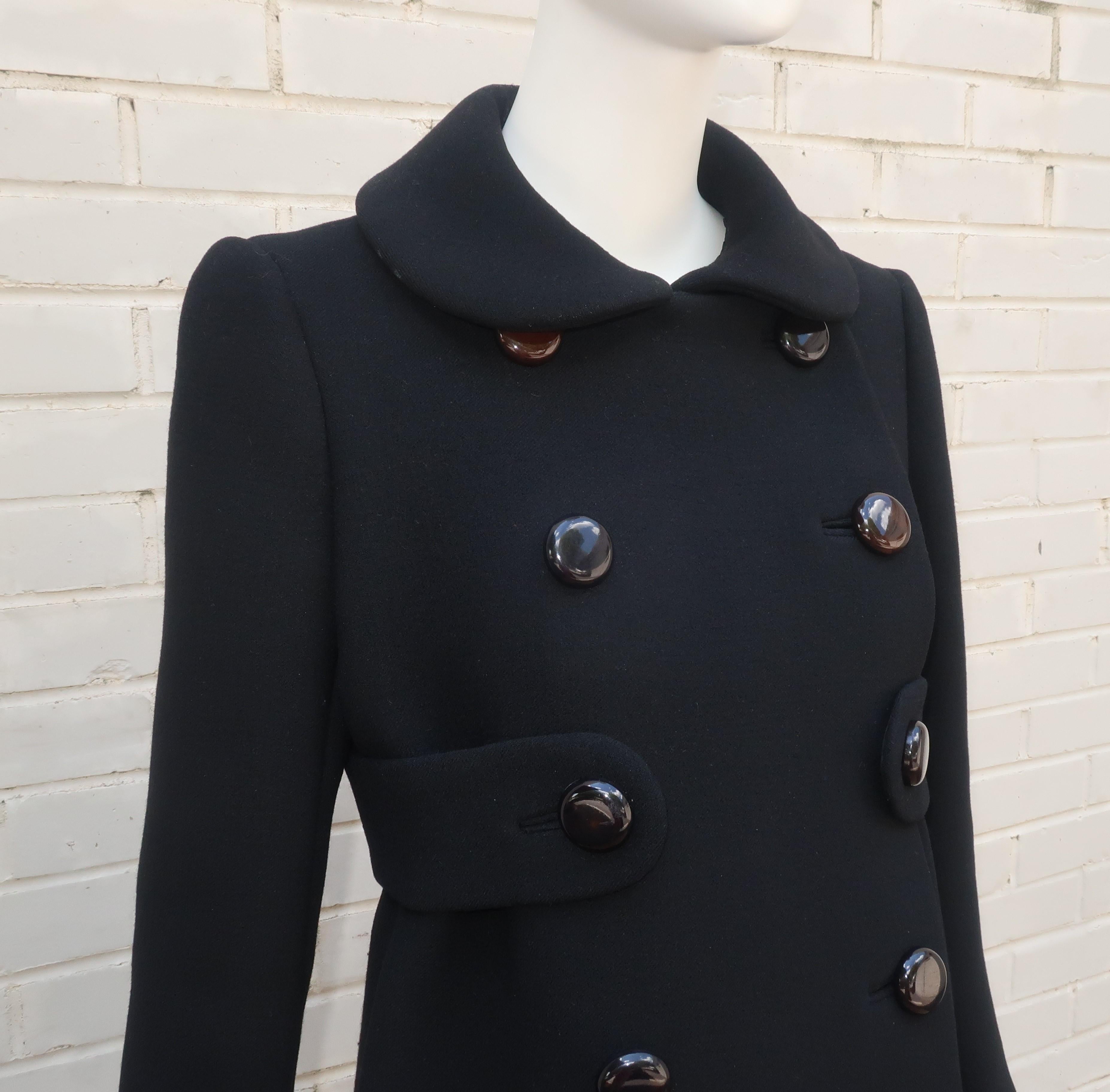 Women's NORMAN NORELL Black Wool Double Breasted Coat With Waist Detail, Late 1960's For Sale