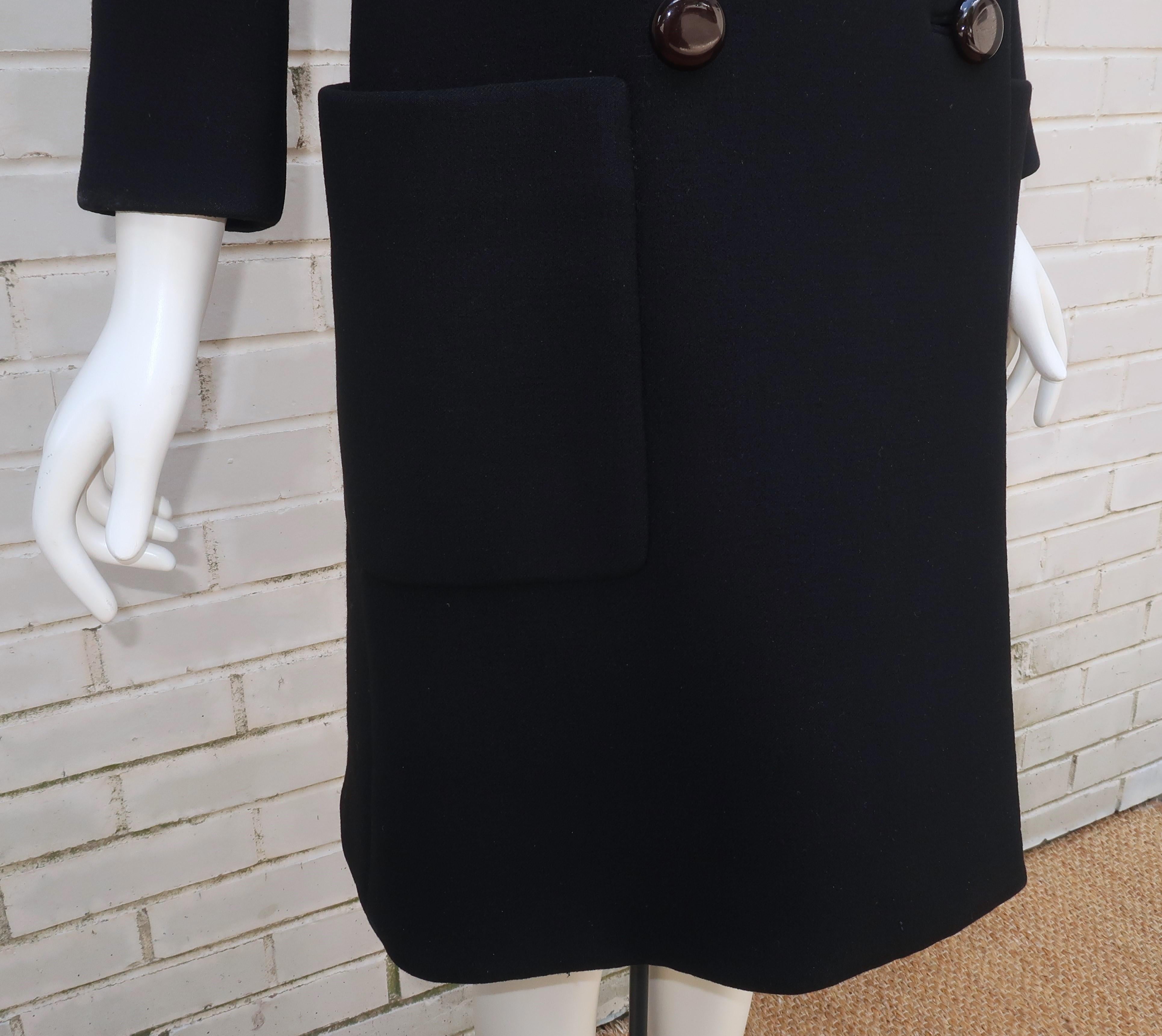 NORMAN NORELL Black Wool Double Breasted Coat With Waist Detail, Late 1960's For Sale 2
