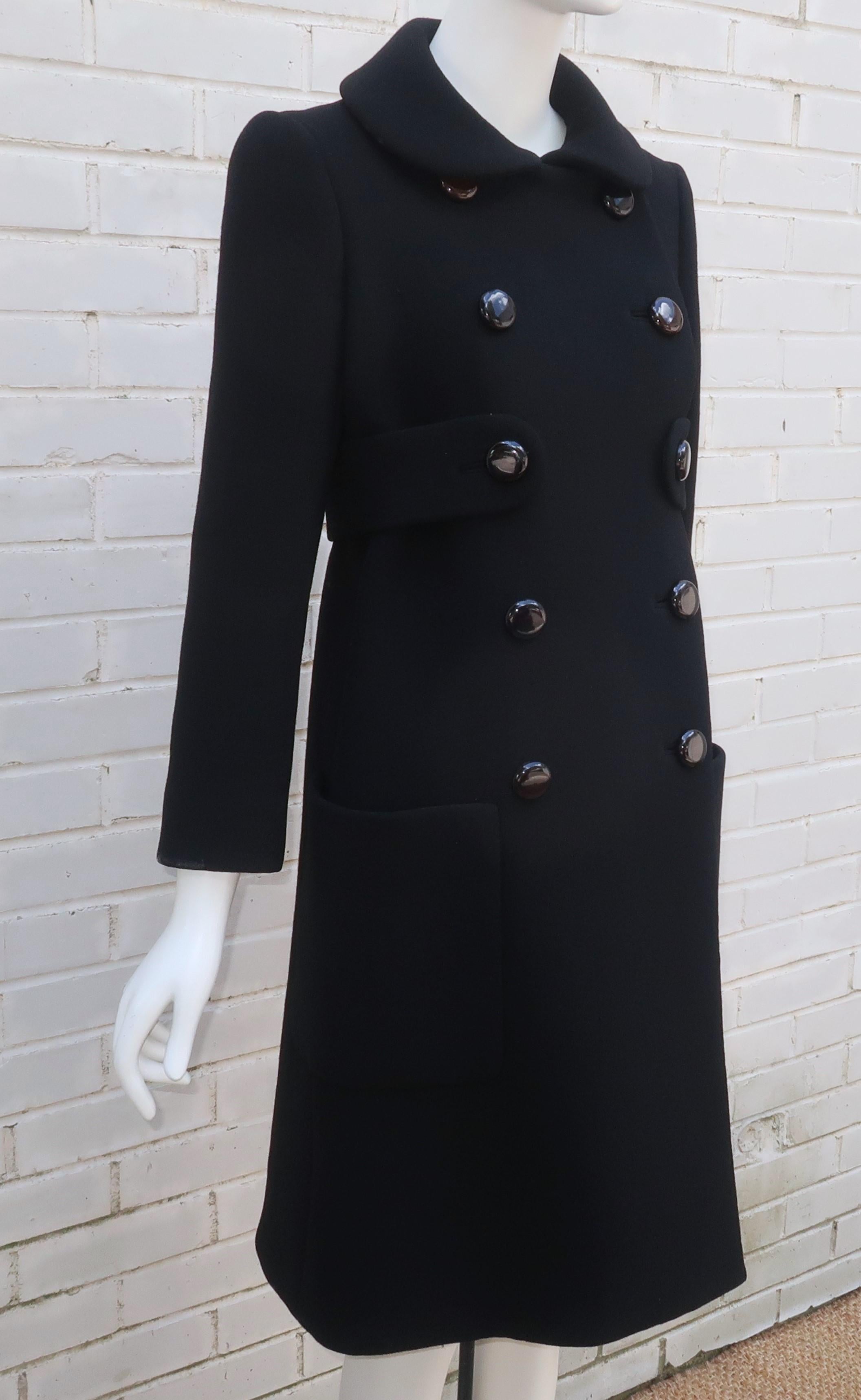 NORMAN NORELL Black Wool Double Breasted Coat With Waist Detail, Late 1960's For Sale 3