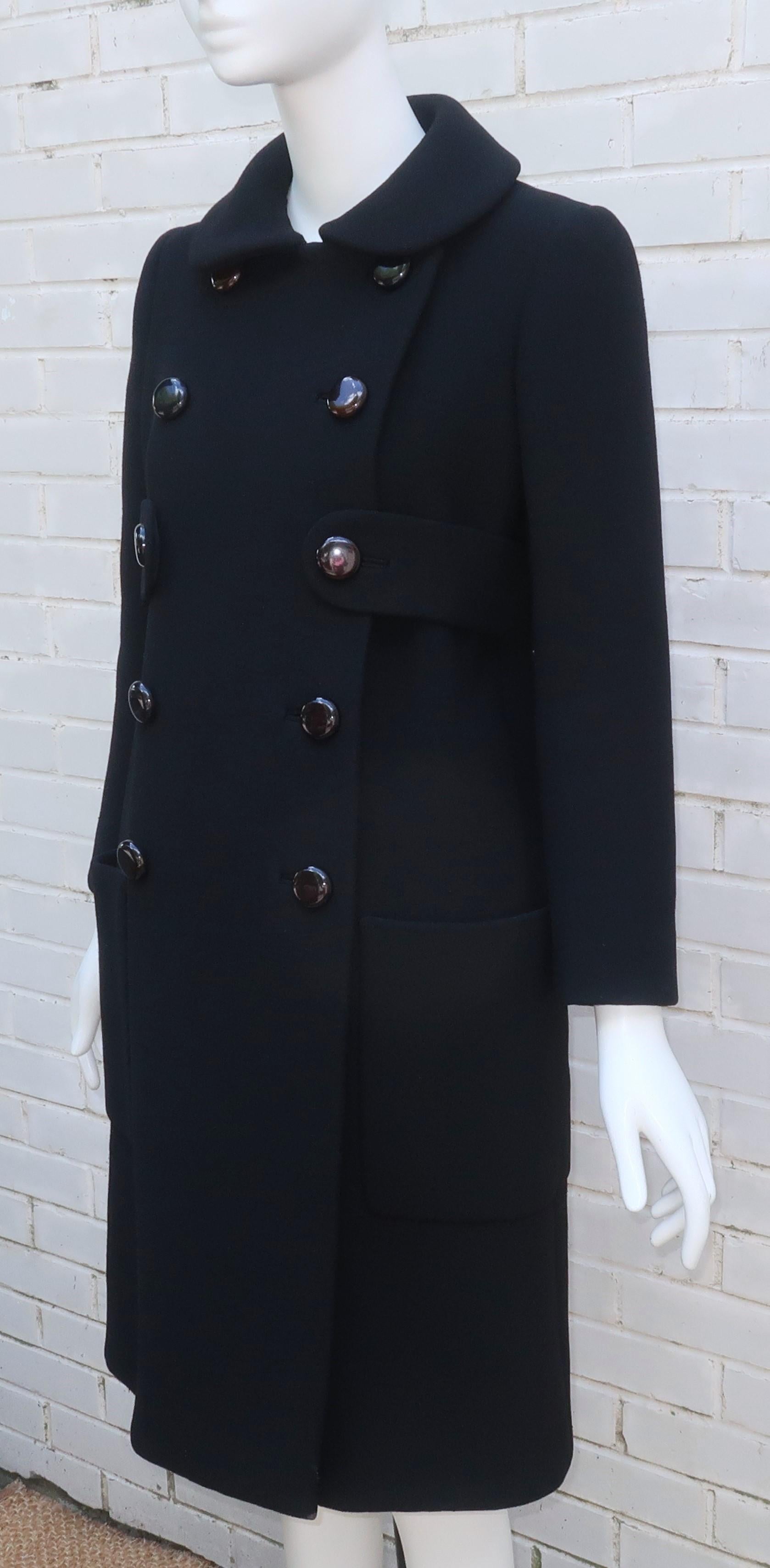 NORMAN NORELL Black Wool Double Breasted Coat With Waist Detail, Late 1960's For Sale 4