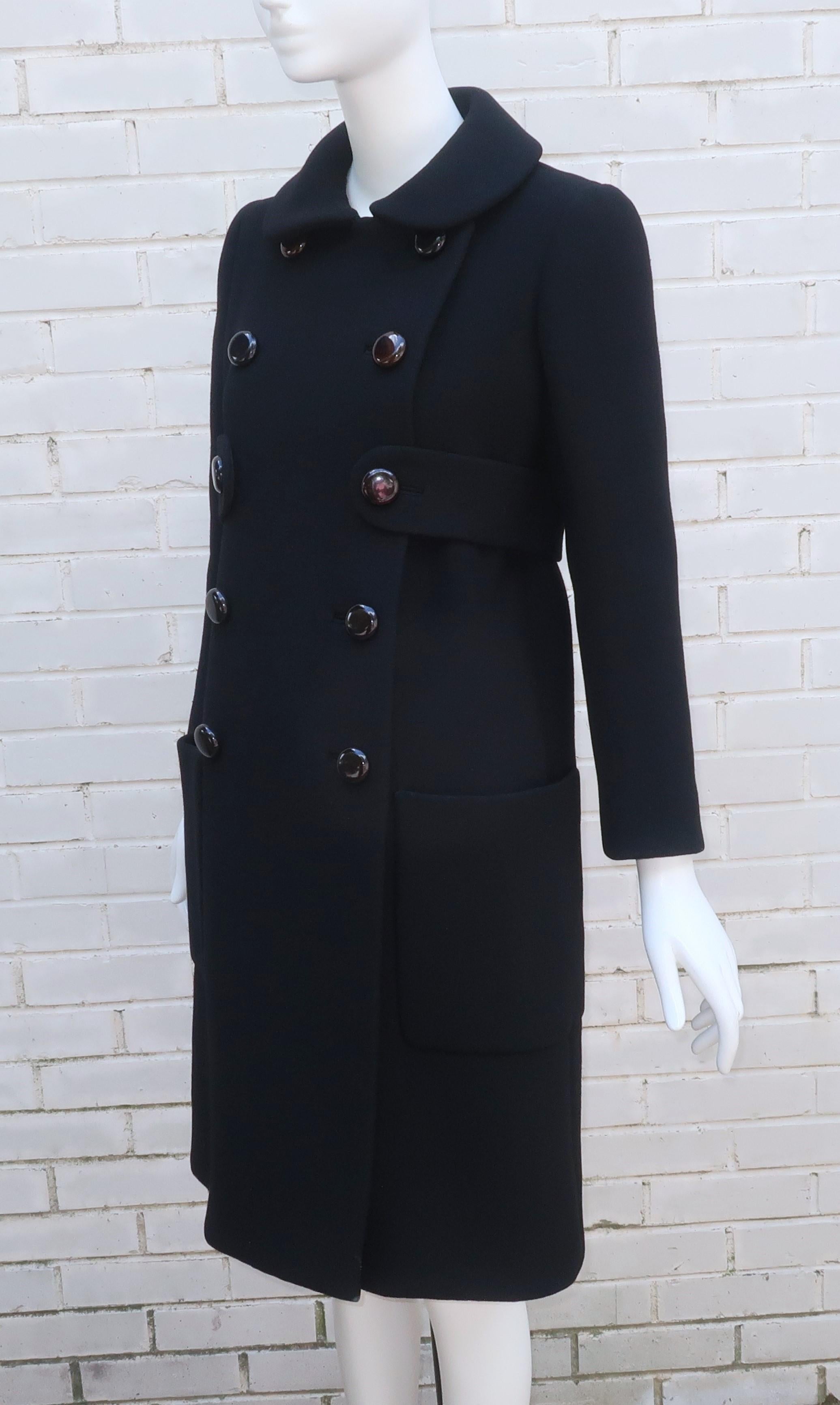 NORMAN NORELL Black Wool Double Breasted Coat With Waist Detail, Late 1960's For Sale 5