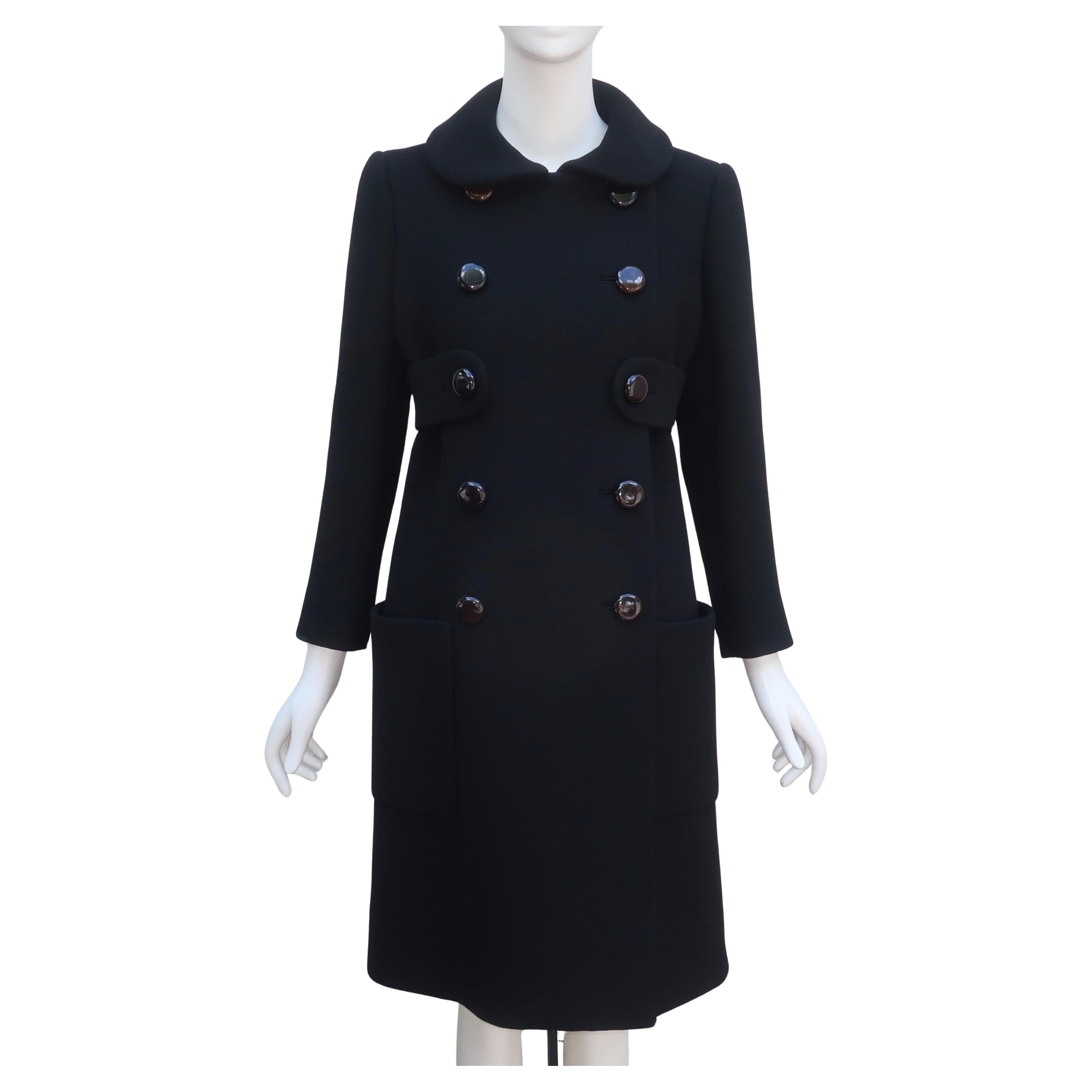 NORMAN NORELL Black Wool Double Breasted Coat With Waist Detail, Late 1960's For Sale