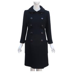 Vintage NORMAN NORELL Black Wool Double Breasted Coat With Waist Detail, Late 1960's