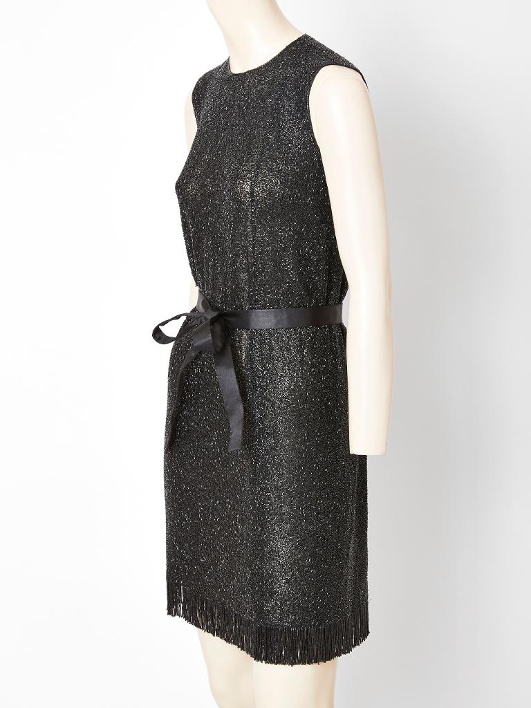 Black Norman Norell Bugle Beaded Sheath with Satin Belt
