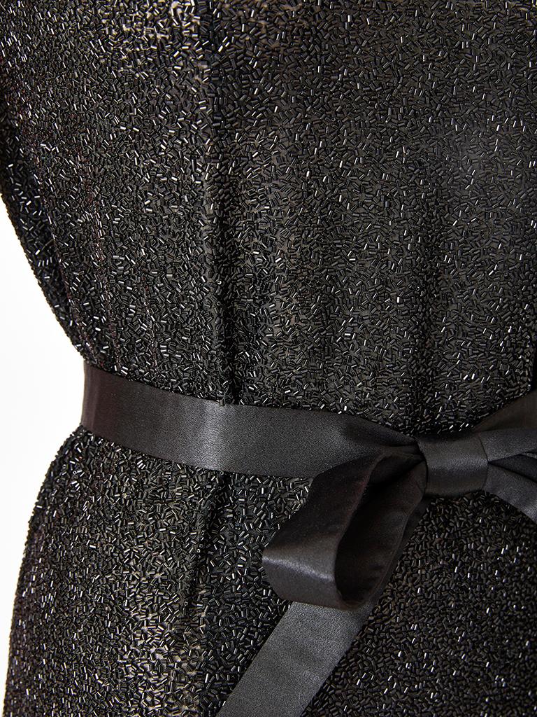 Norman Norell Bugle Beaded Sheath with Satin Belt In Good Condition In New York, NY