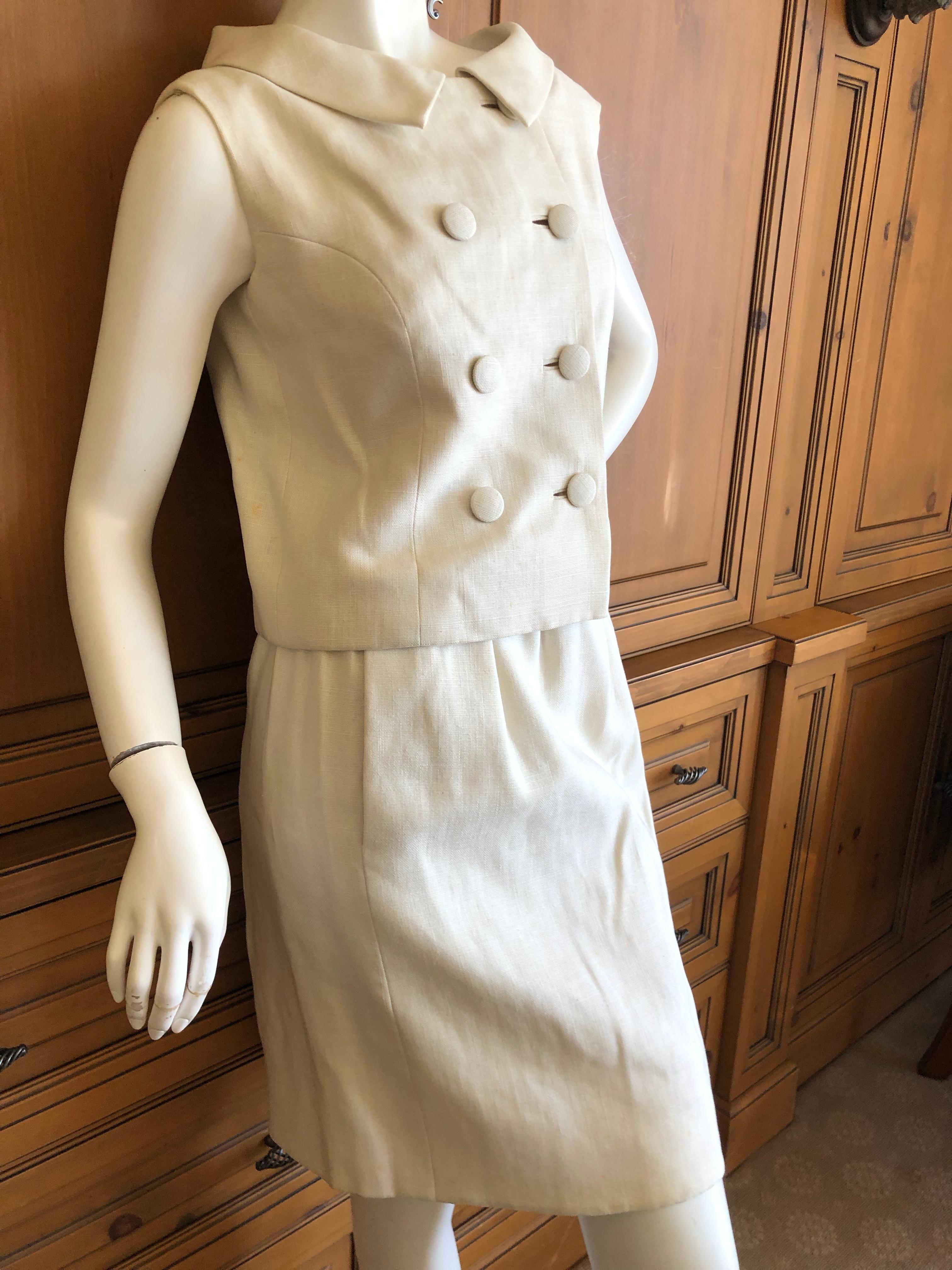 Gray Norman Norell Ivory Linen 1960's Sleeveless Double Breasted Skirt Suit  For Sale