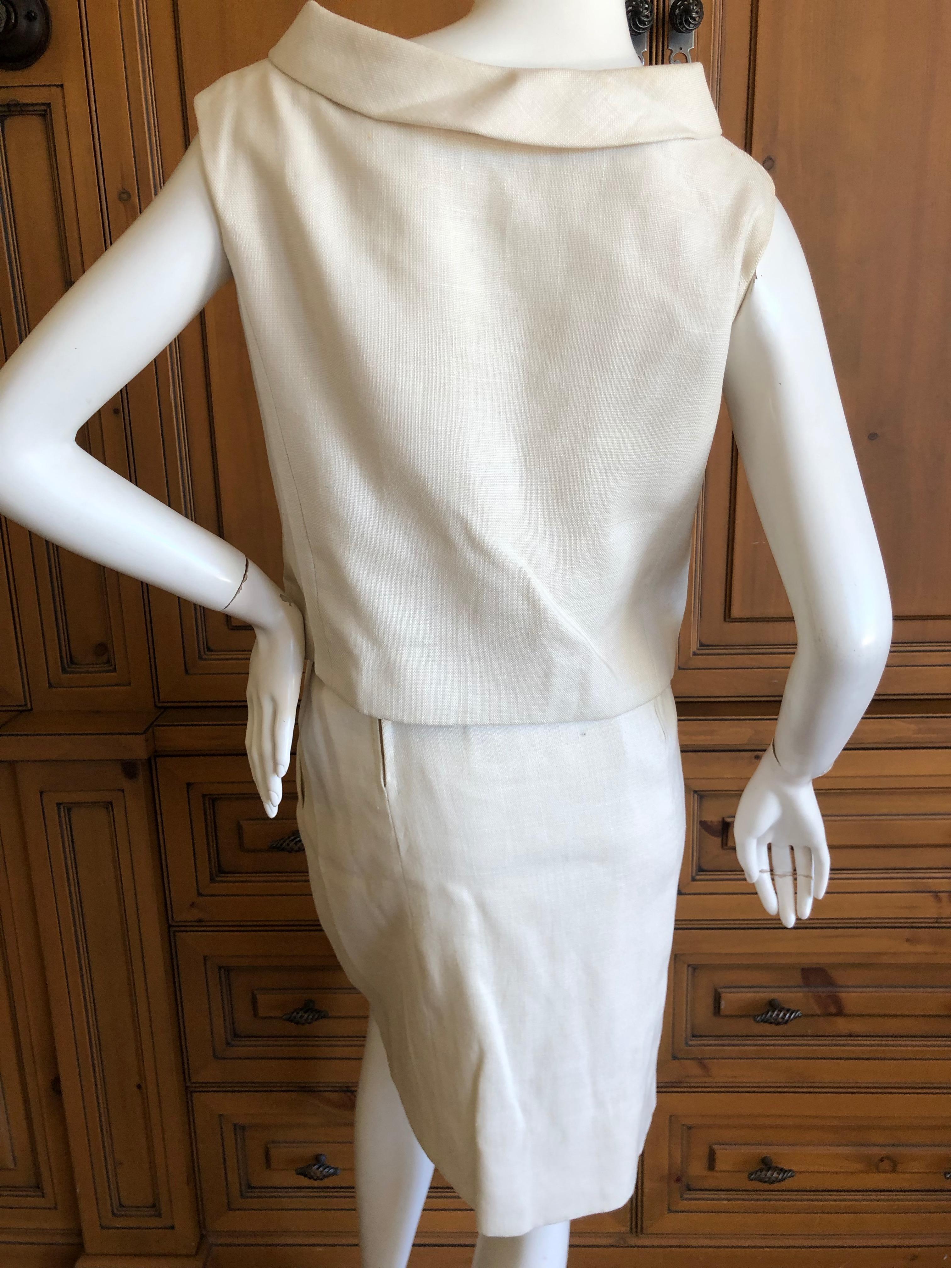 Women's Norman Norell Ivory Linen 1960's Sleeveless Double Breasted Skirt Suit  For Sale