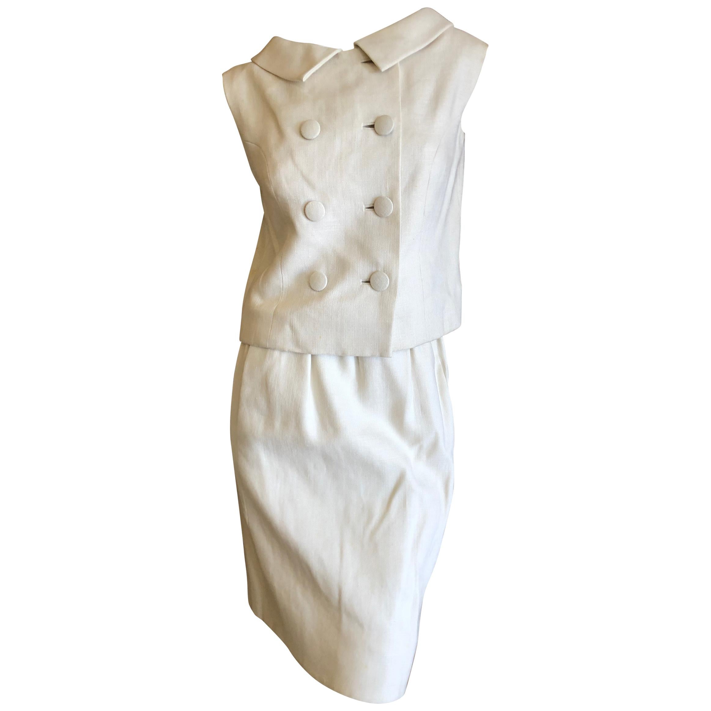 Norman Norell Ivory Linen 1960's Sleeveless Double Breasted Skirt Suit  For Sale