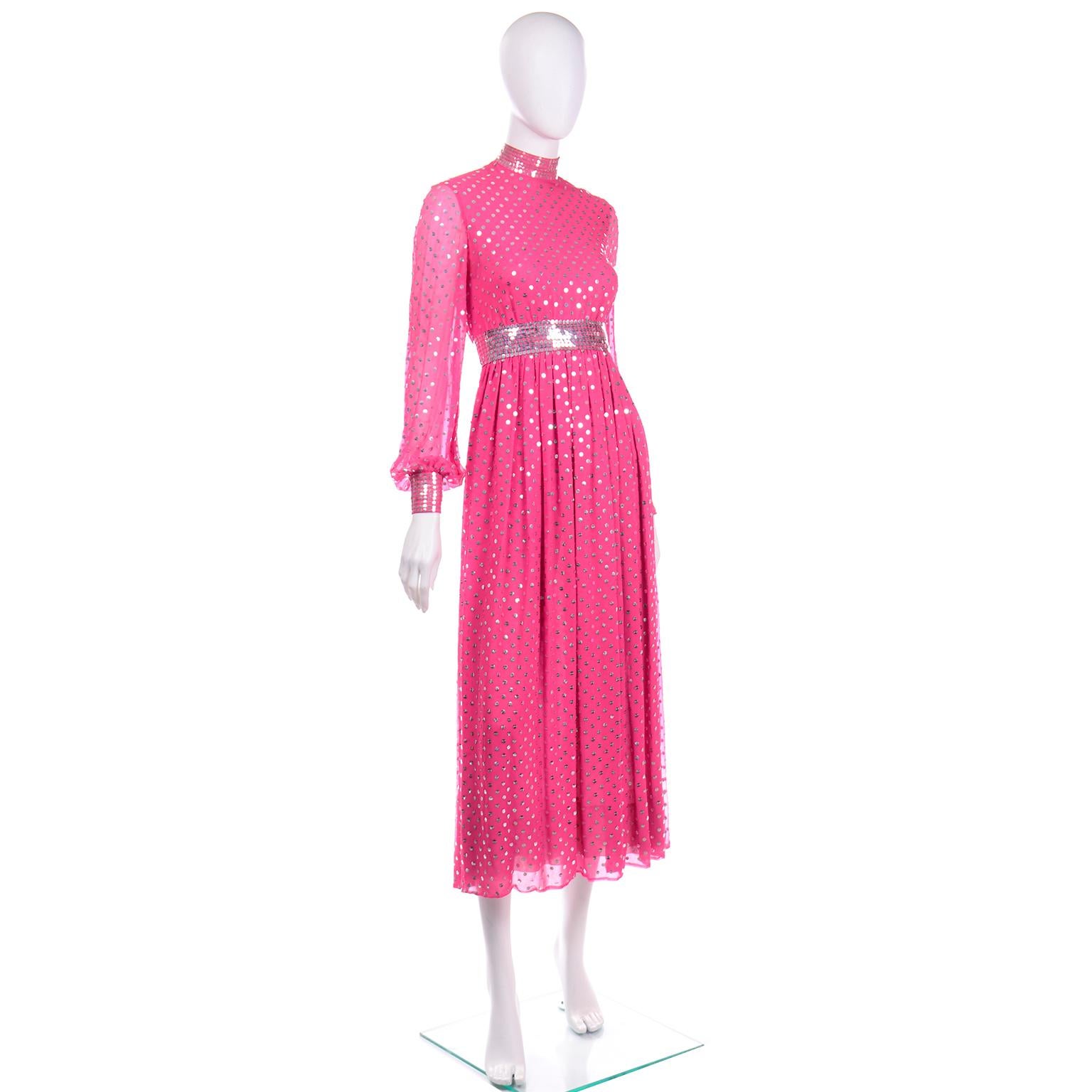 Norman Norell Pink Silk Vintage Dress W Silver & Clear Sequins & Sheer Sleeves  In Good Condition In Portland, OR