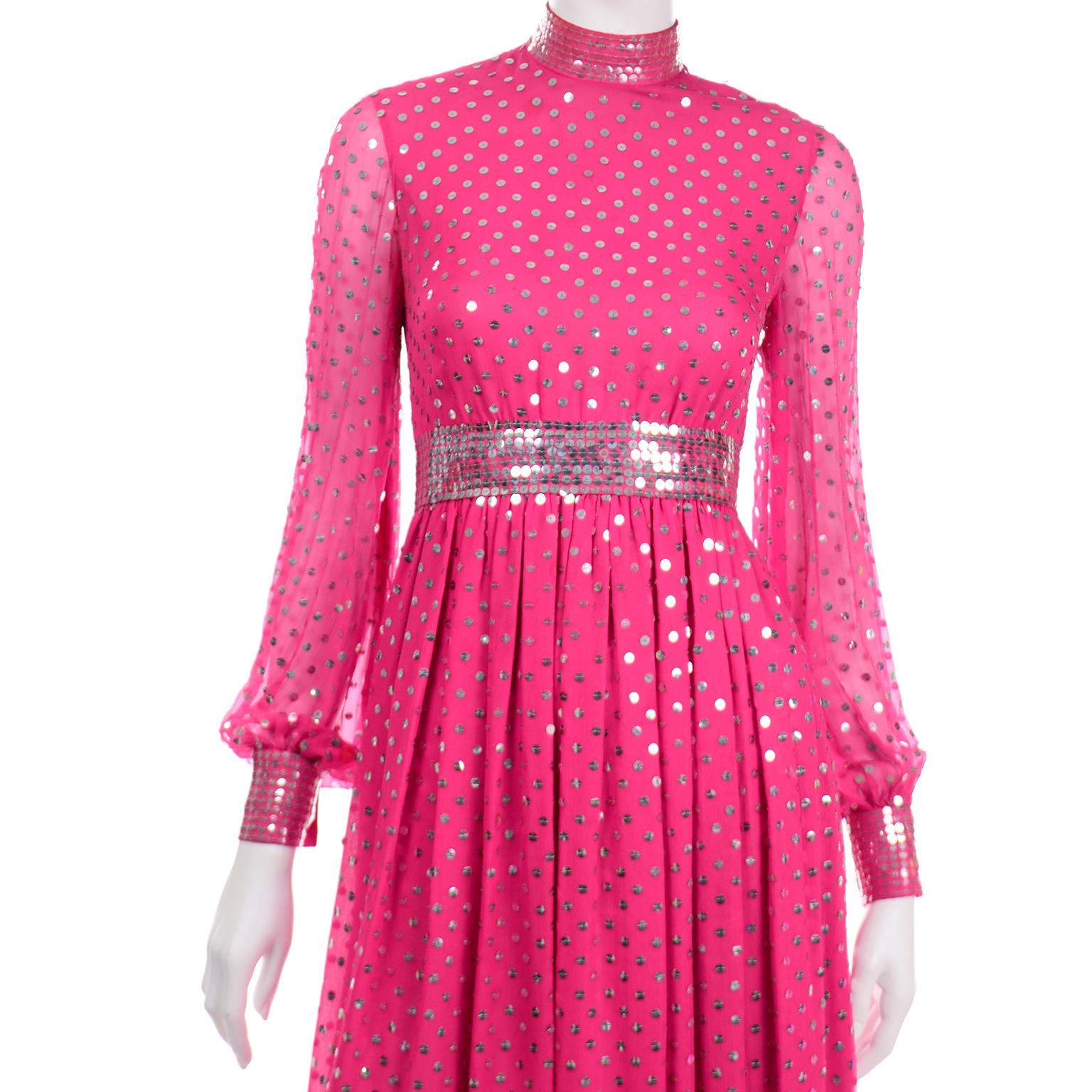 Women's Norman Norell Pink Silk Vintage Dress W Silver & Clear Sequins & Sheer Sleeves 
