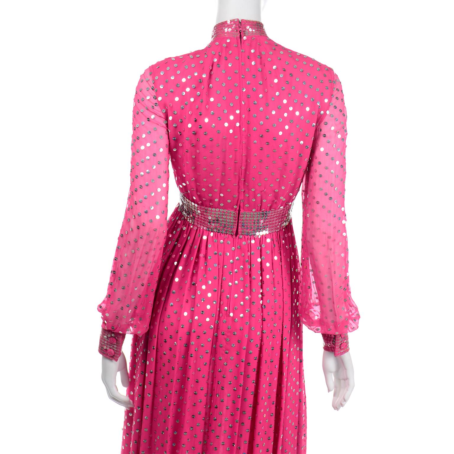 Norman Norell Pink Silk Vintage Dress W Silver & Clear Sequins & Sheer Sleeves  1