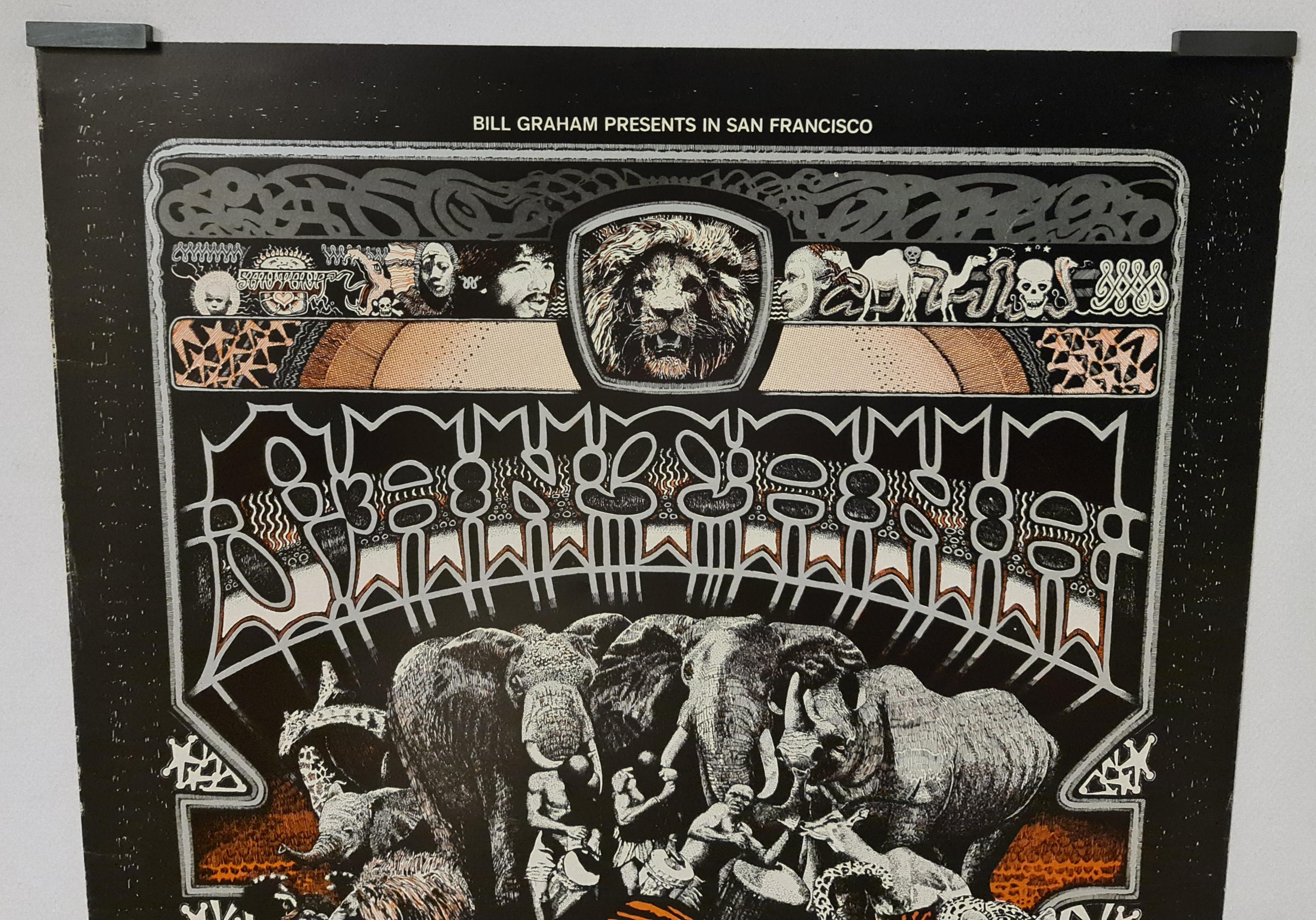 Bill Graham presents in San Francisco: Santana
This poster is the first work by artist Norman Orr for Bill Graham. It announces the performances of Santana, Dr. John, the Nighttripper, and Luther Allison at the Fillmore West in San Francisco on