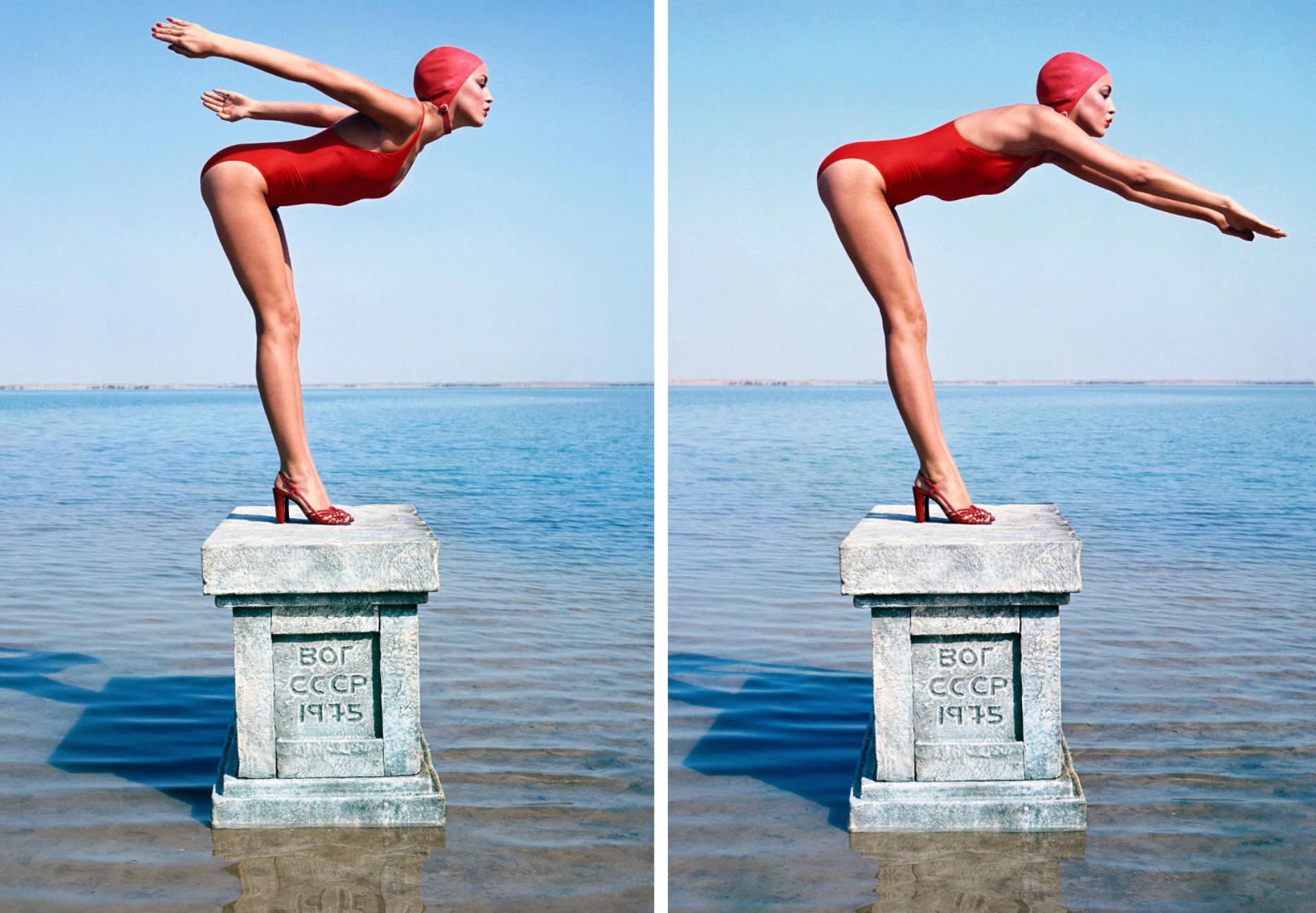 Norman Parkinson Portrait Photograph - Jerry Hall, Diptych, Russia, Vogue 1975