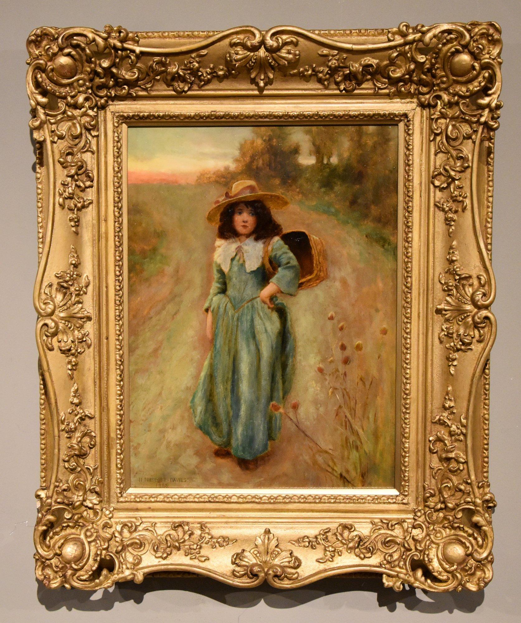 Pittura a olio di Norman Prescott Davies  "La lunga strada verso casa" 1862 - 1915 Pittore di fanciulle classiche e paesaggi, nonché illustratore. Espositore regolare Royal Academy, Royal society (membro) F.R.S, A.R.C.A. olio su pannello. Firmato e
